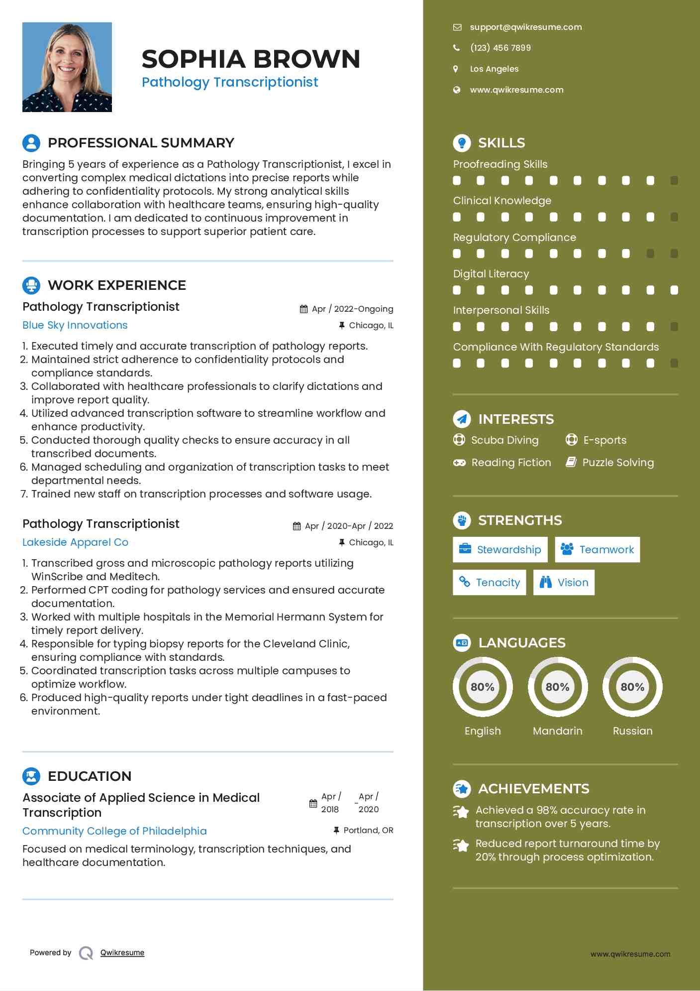 Pathology Transcriptionist Resume Example