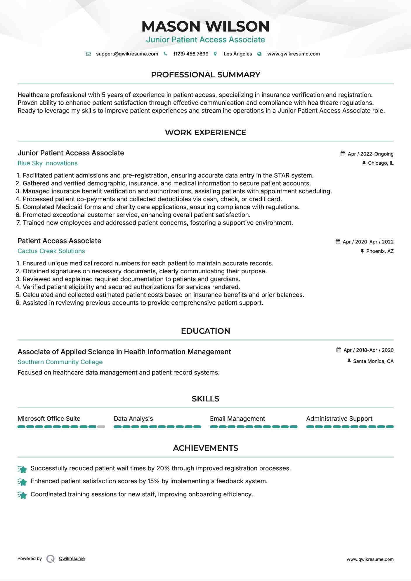 Junior Patient Access Associate Resume Sample