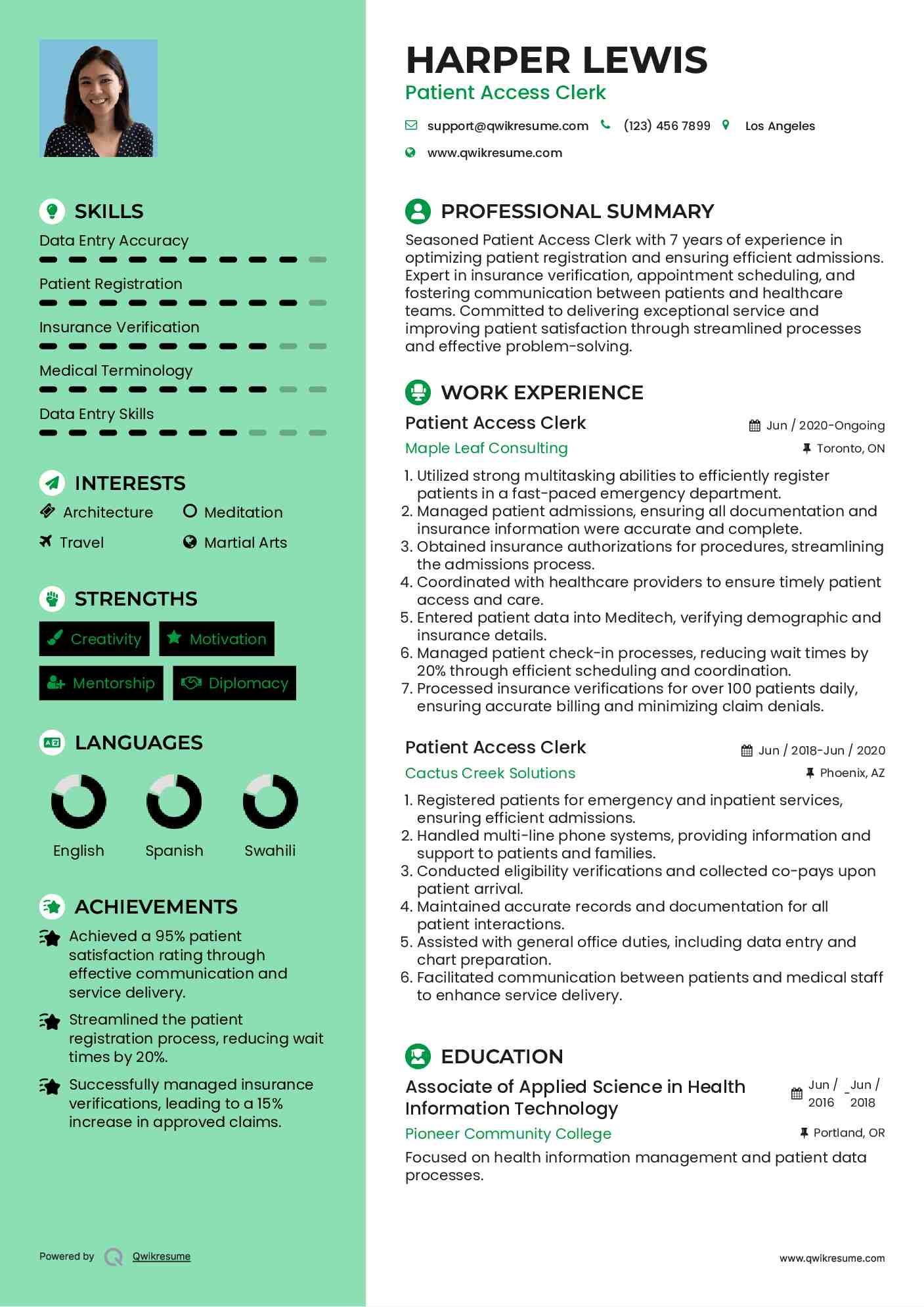 Patient Access Clerk Resume Format