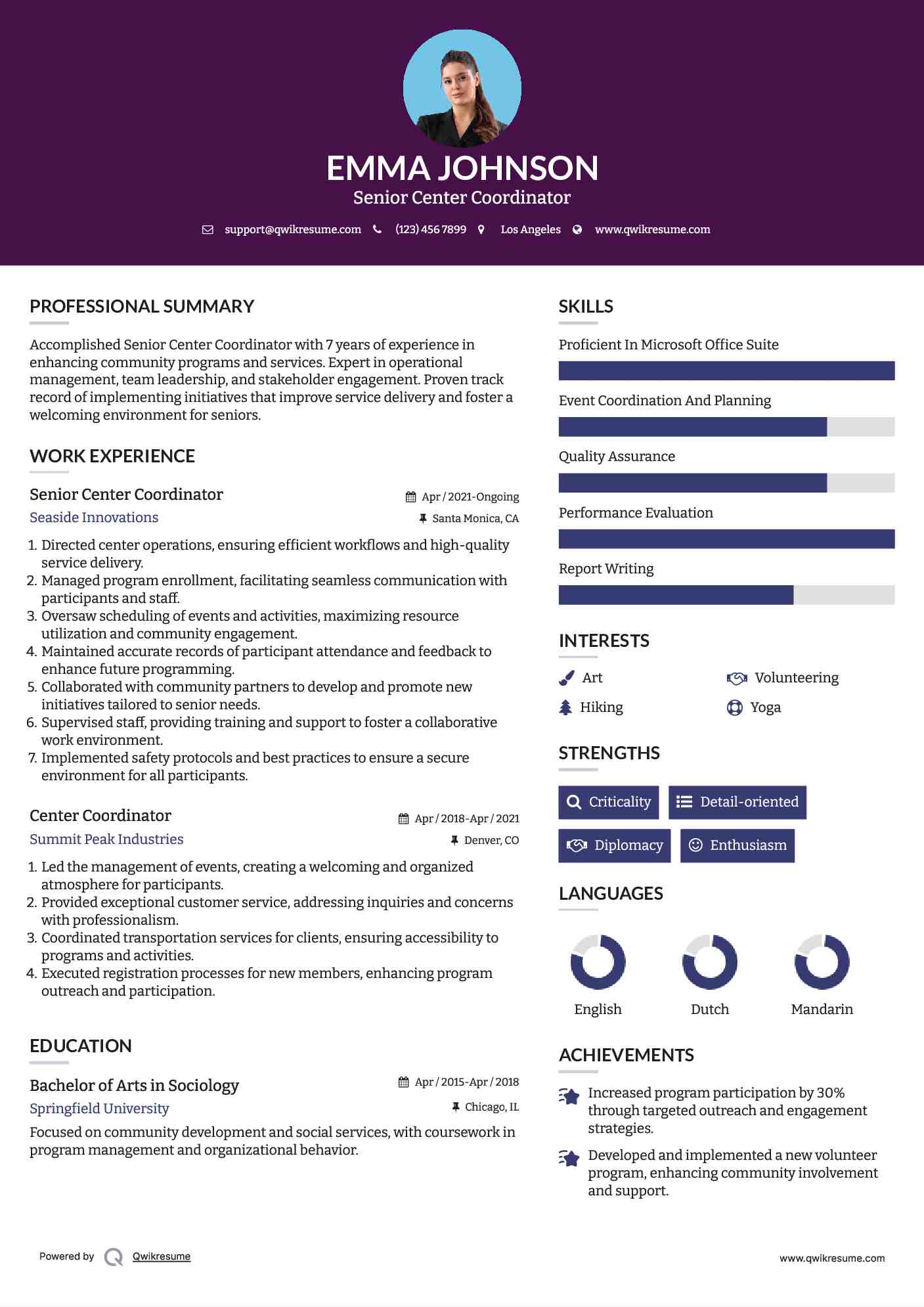 Senior Center Coordinator Resume Sample