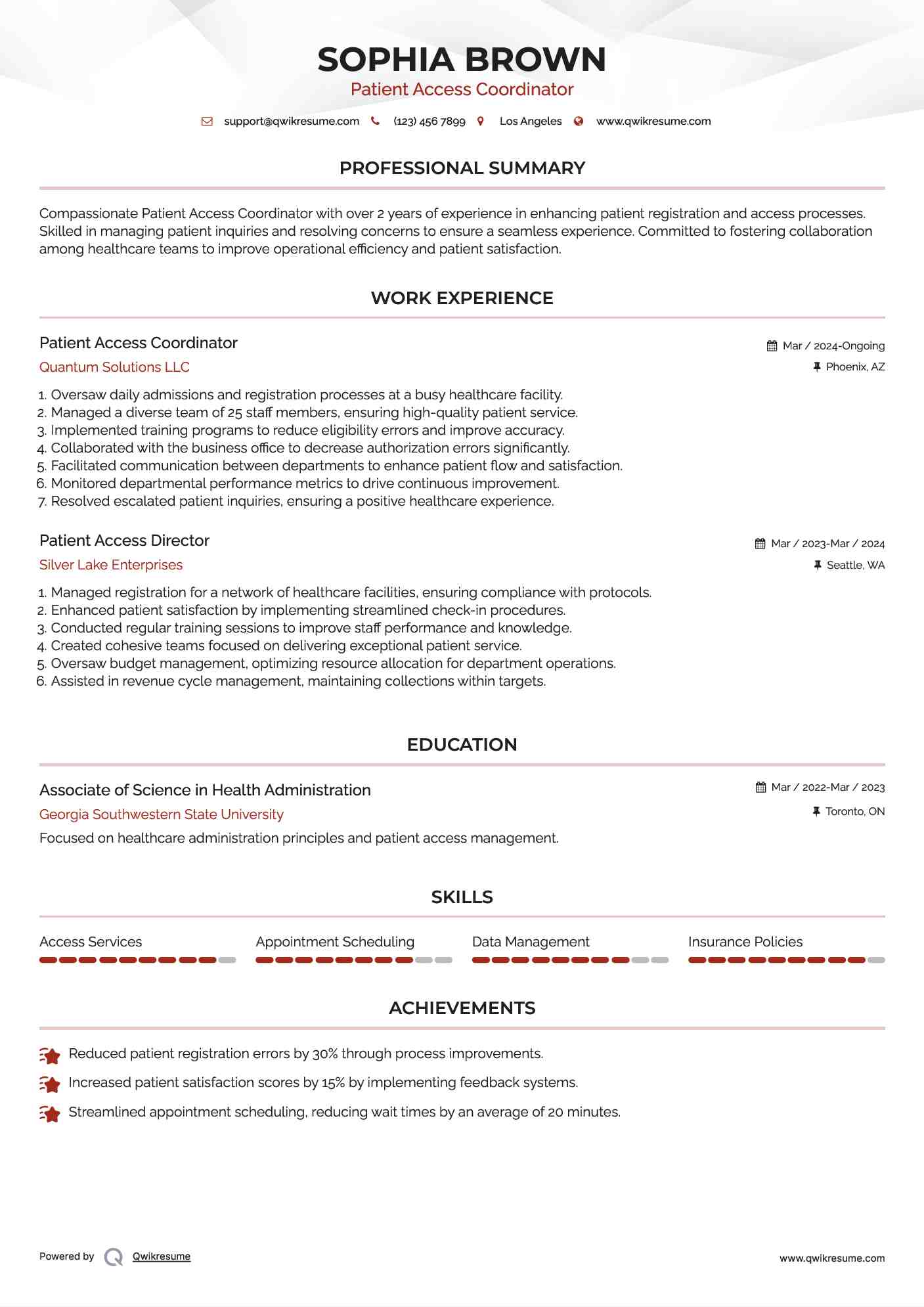 Patient Access Coordinator Resume Model