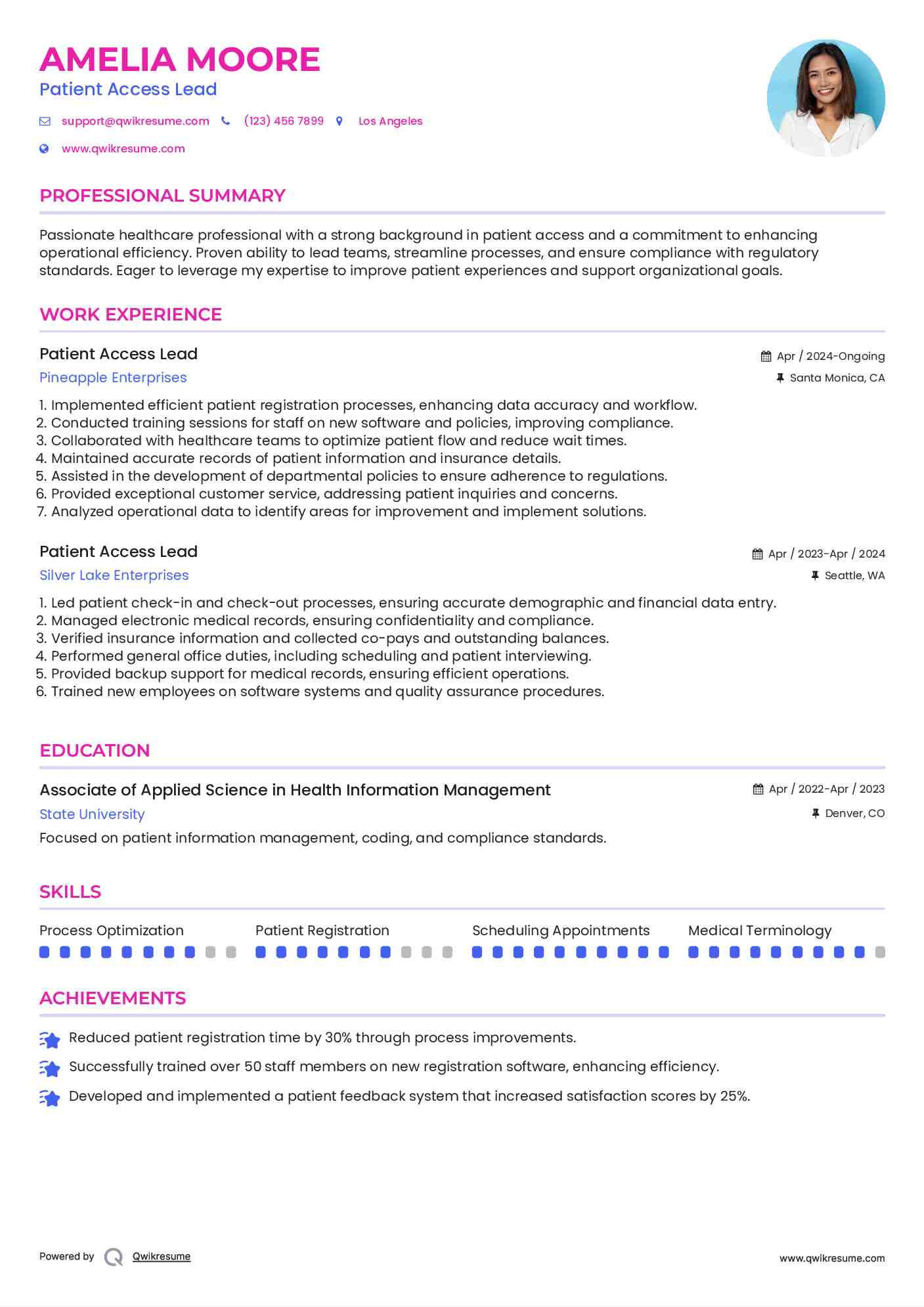 Patient Access Lead Resume Template
