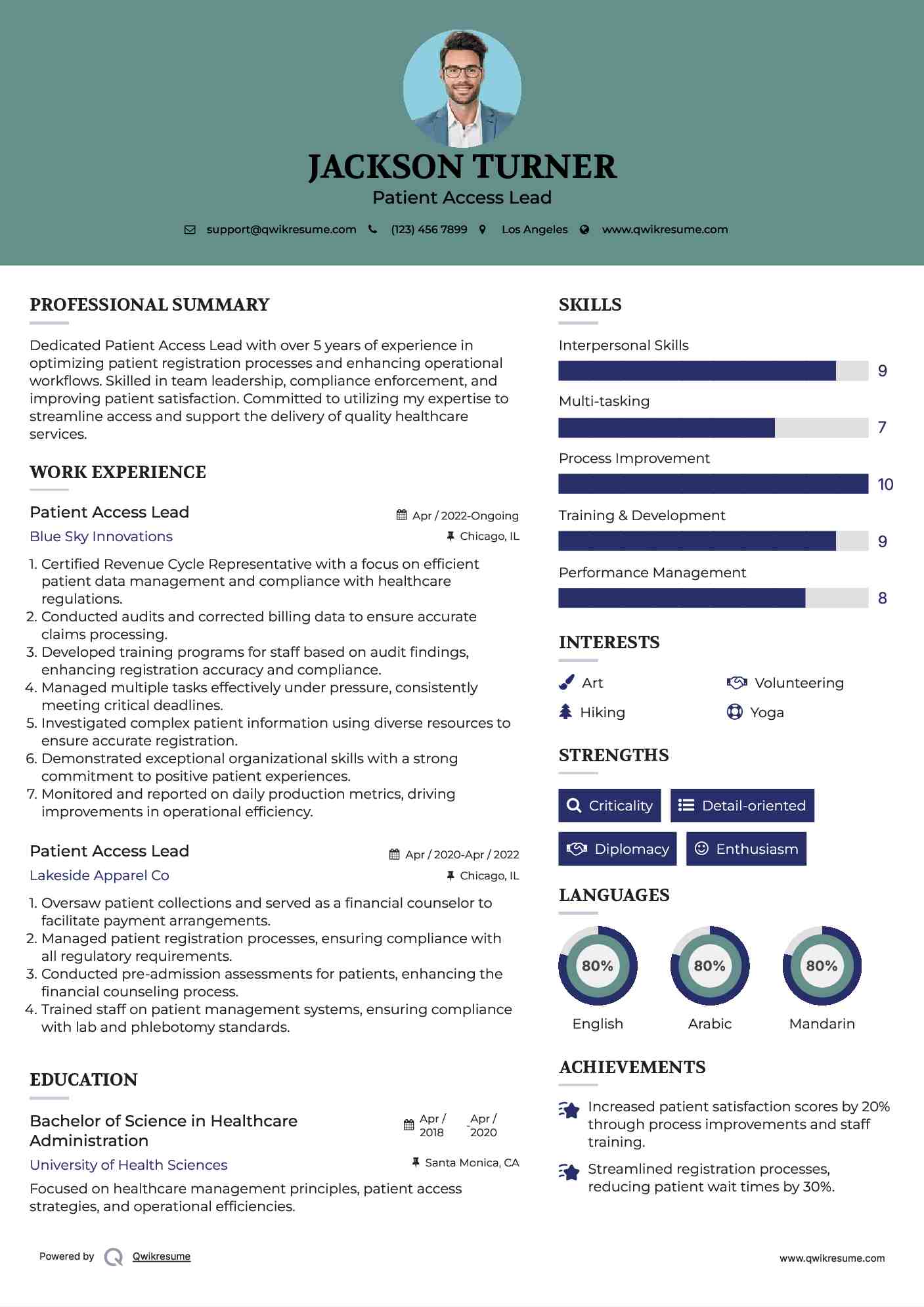 Patient Access Lead Resume Example
