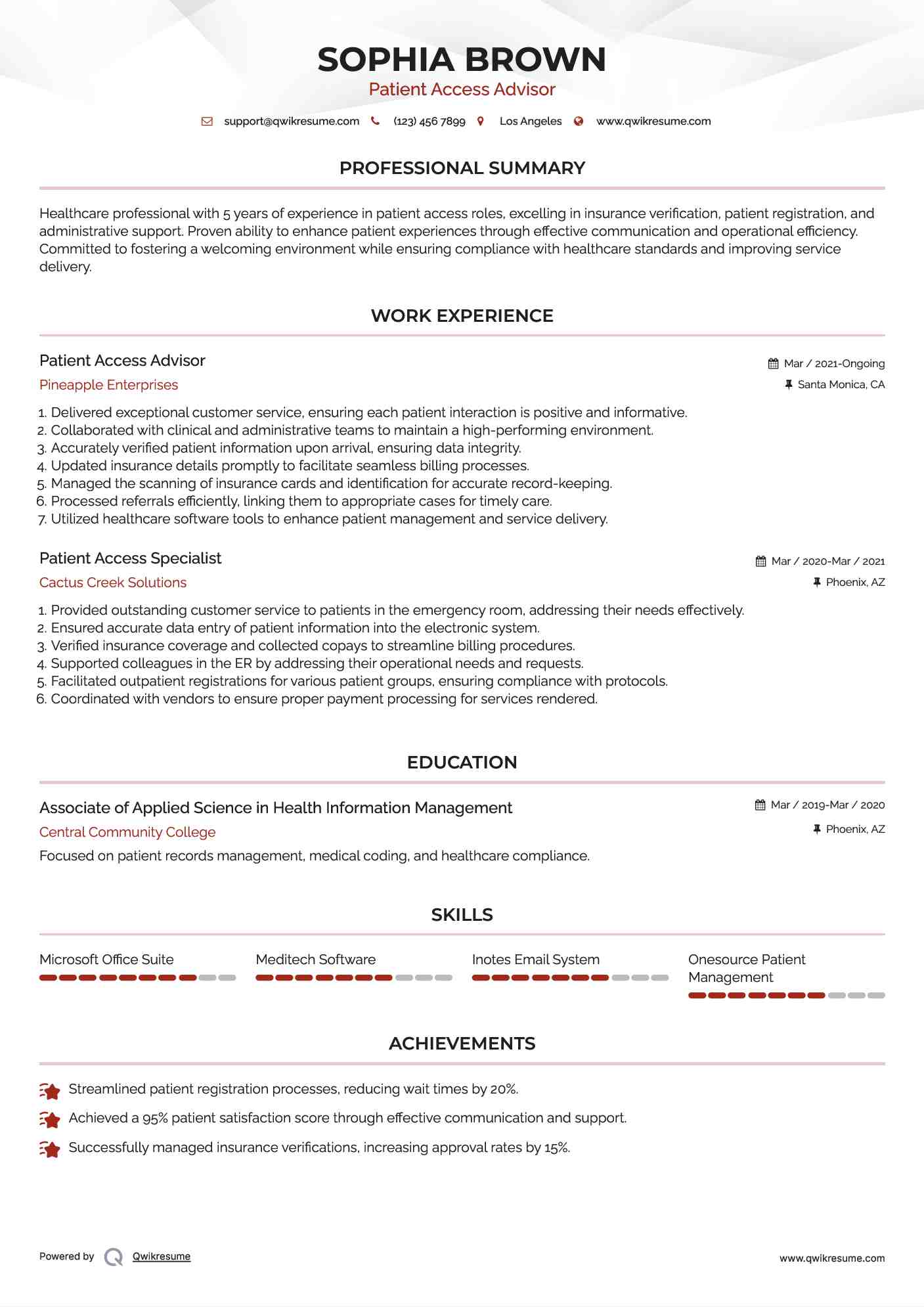 Patient Access Advisor Resume Sample