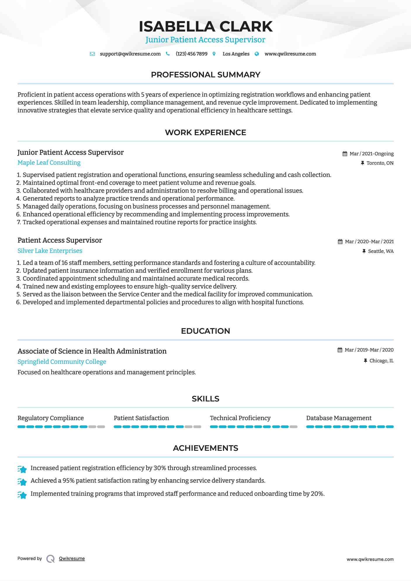 Junior Patient Access Supervisor Resume Sample