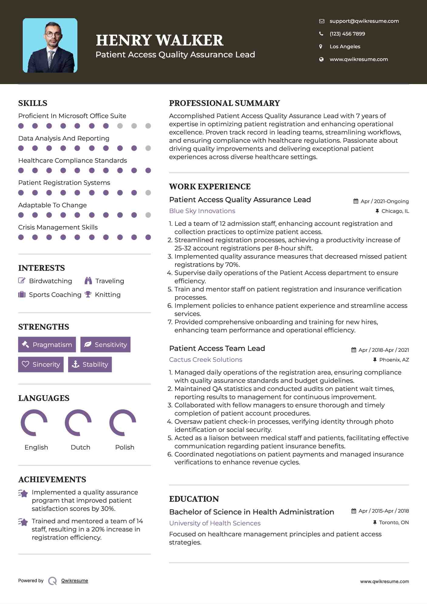 Patient Access Quality Assurance Lead Resume Sample