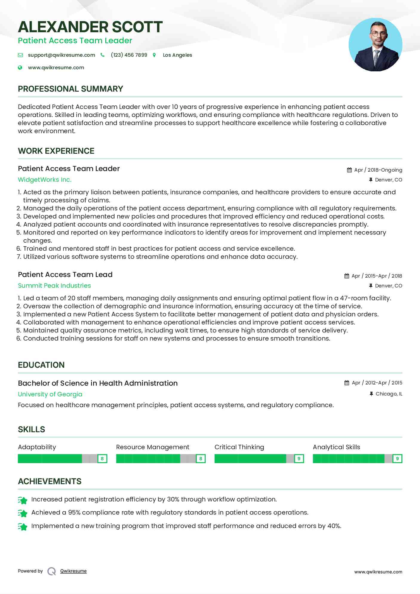 Patient Access Team Leader Resume Model