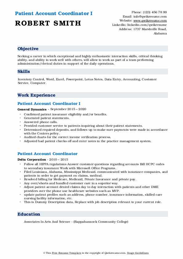 Patient Account Coordinator Resume Samples QwikResume