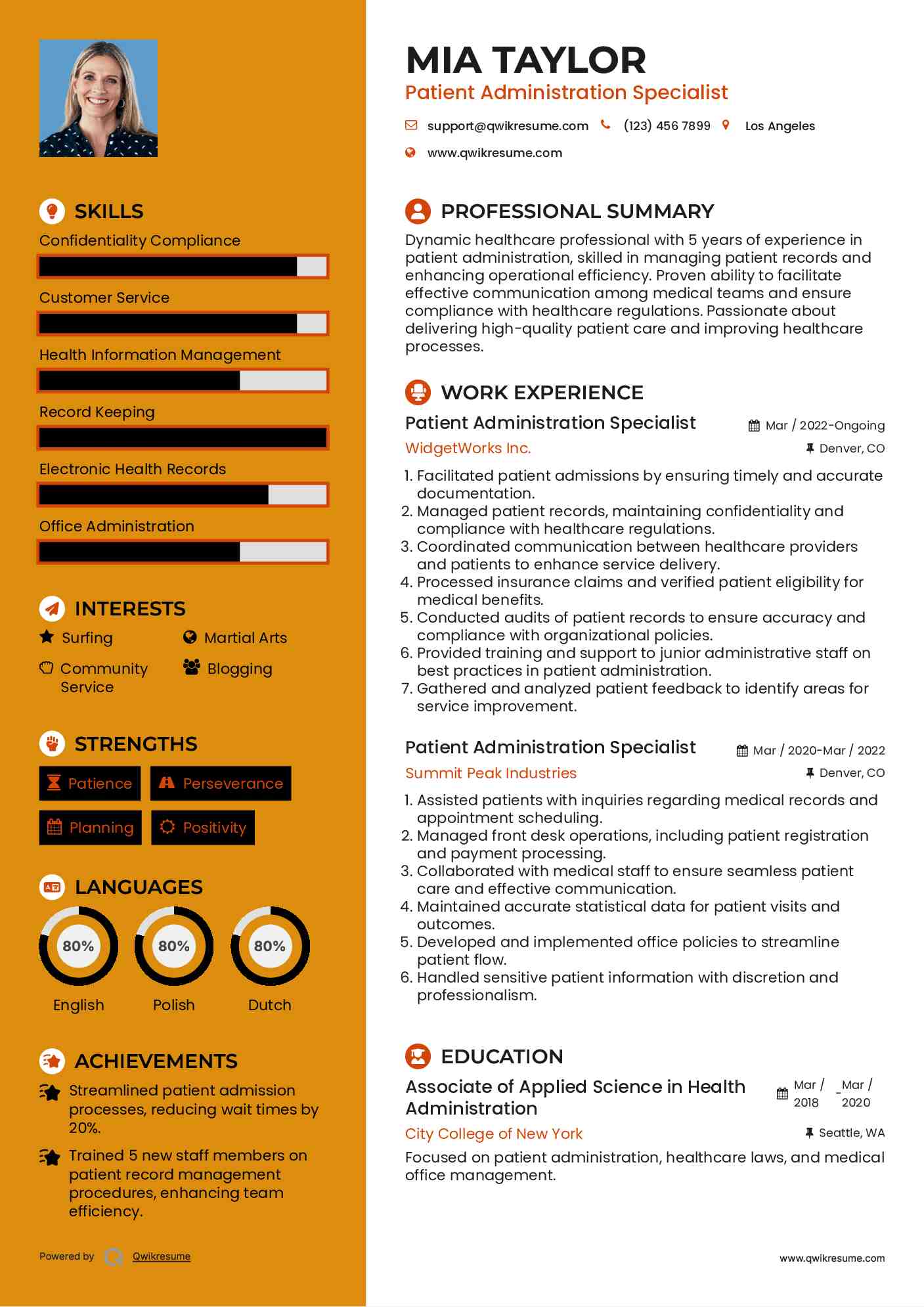 Patient Administration Specialist Resume Template
