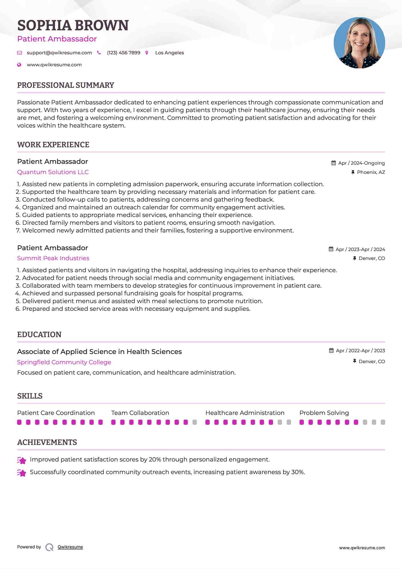 Patient Ambassador Resume Sample