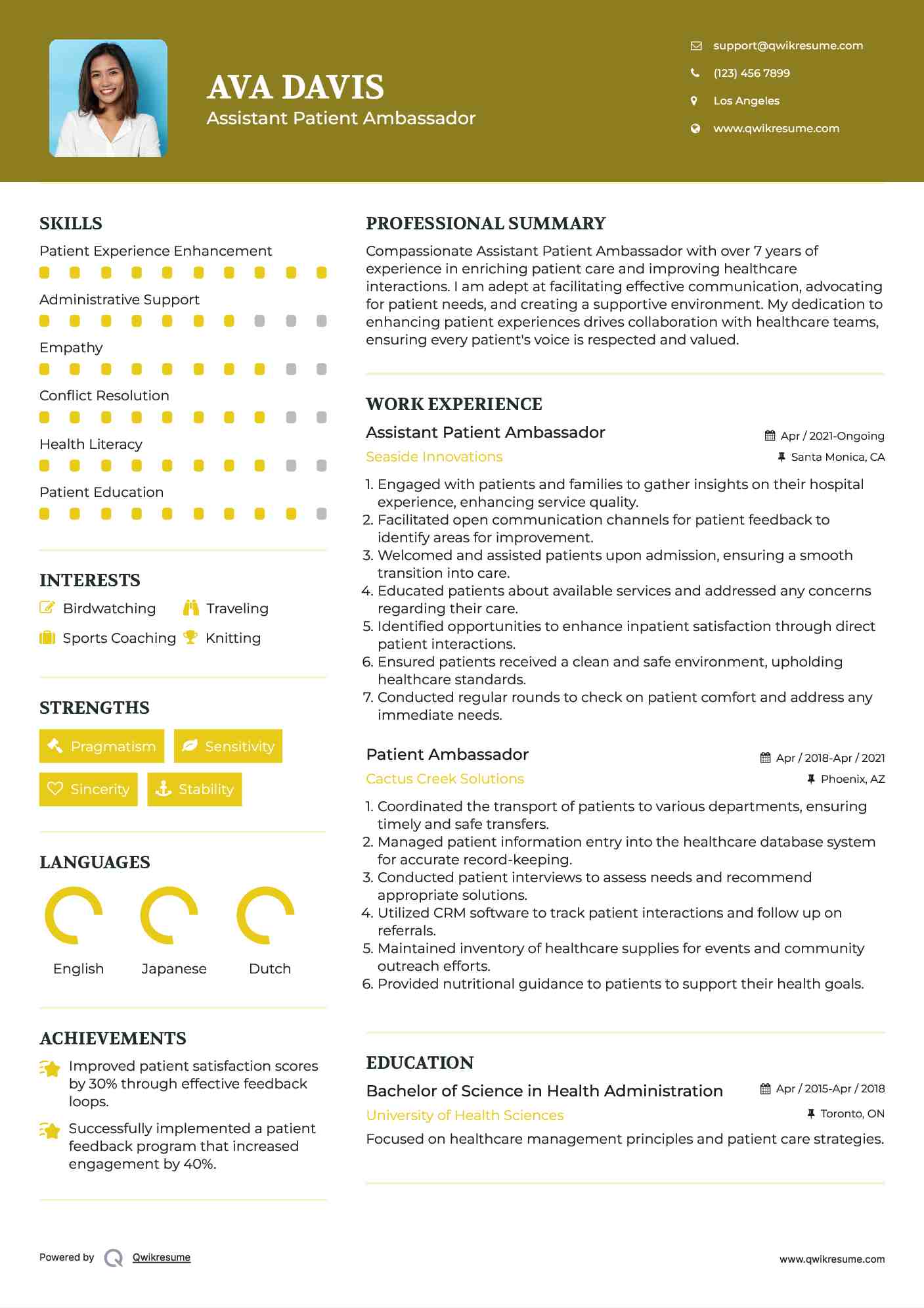 Assistant Patient Ambassador Resume Sample