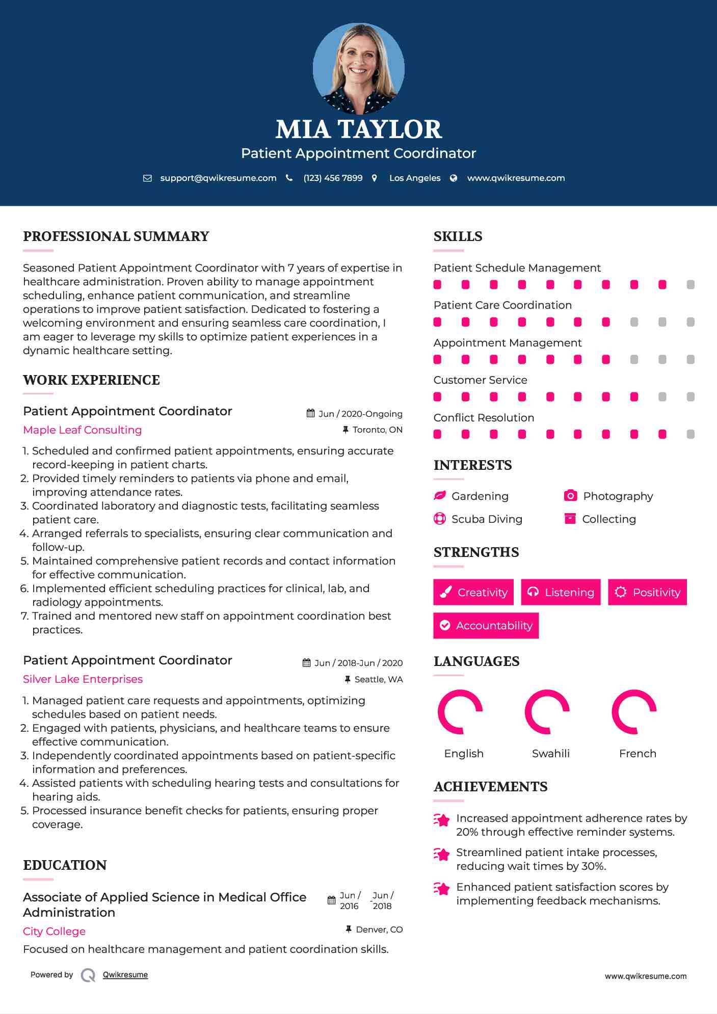 Patient Appointment Coordinator Resume Model