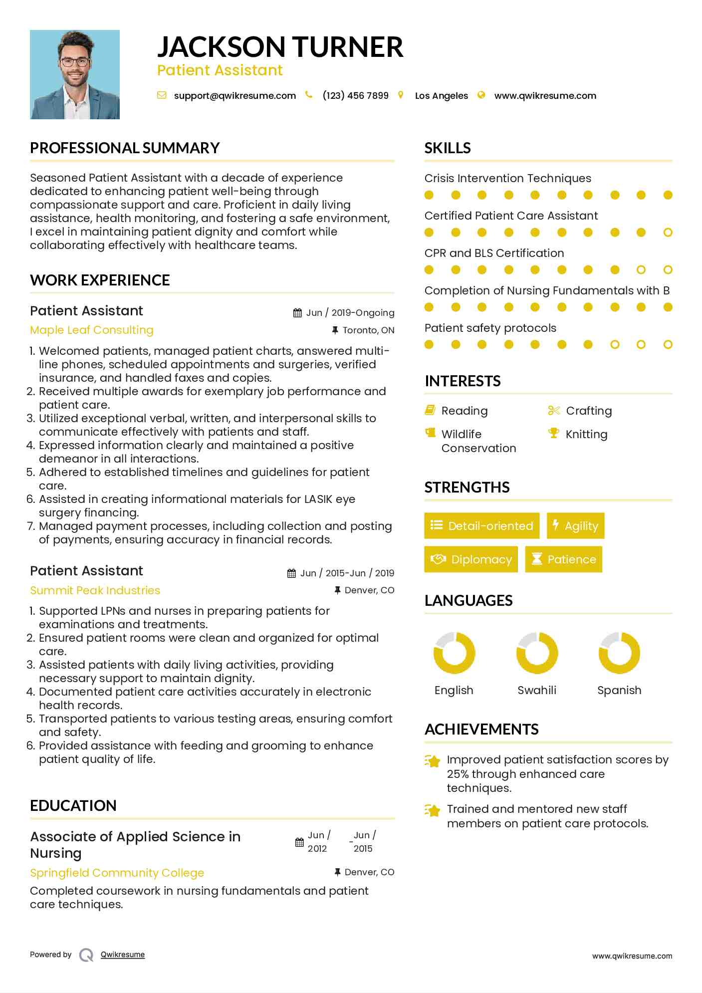 Patient Assistant Resume Sample