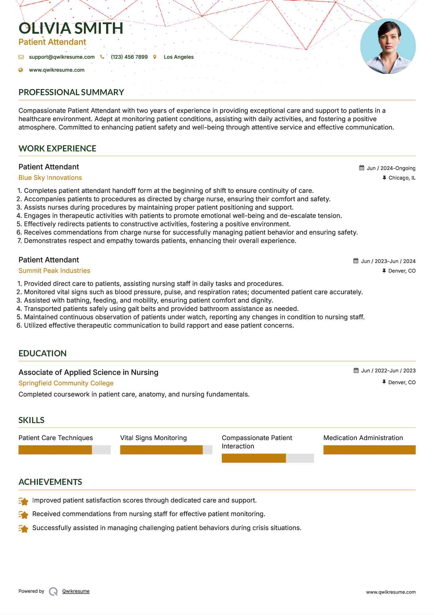 Patient Attendant Resume Model