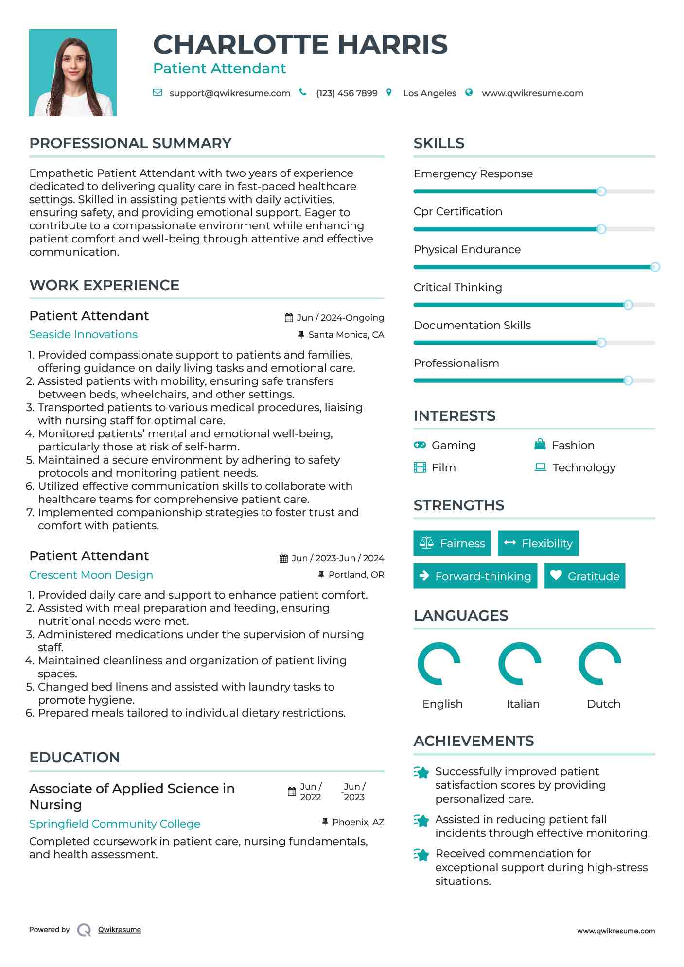 Patient Attendant Resume Example