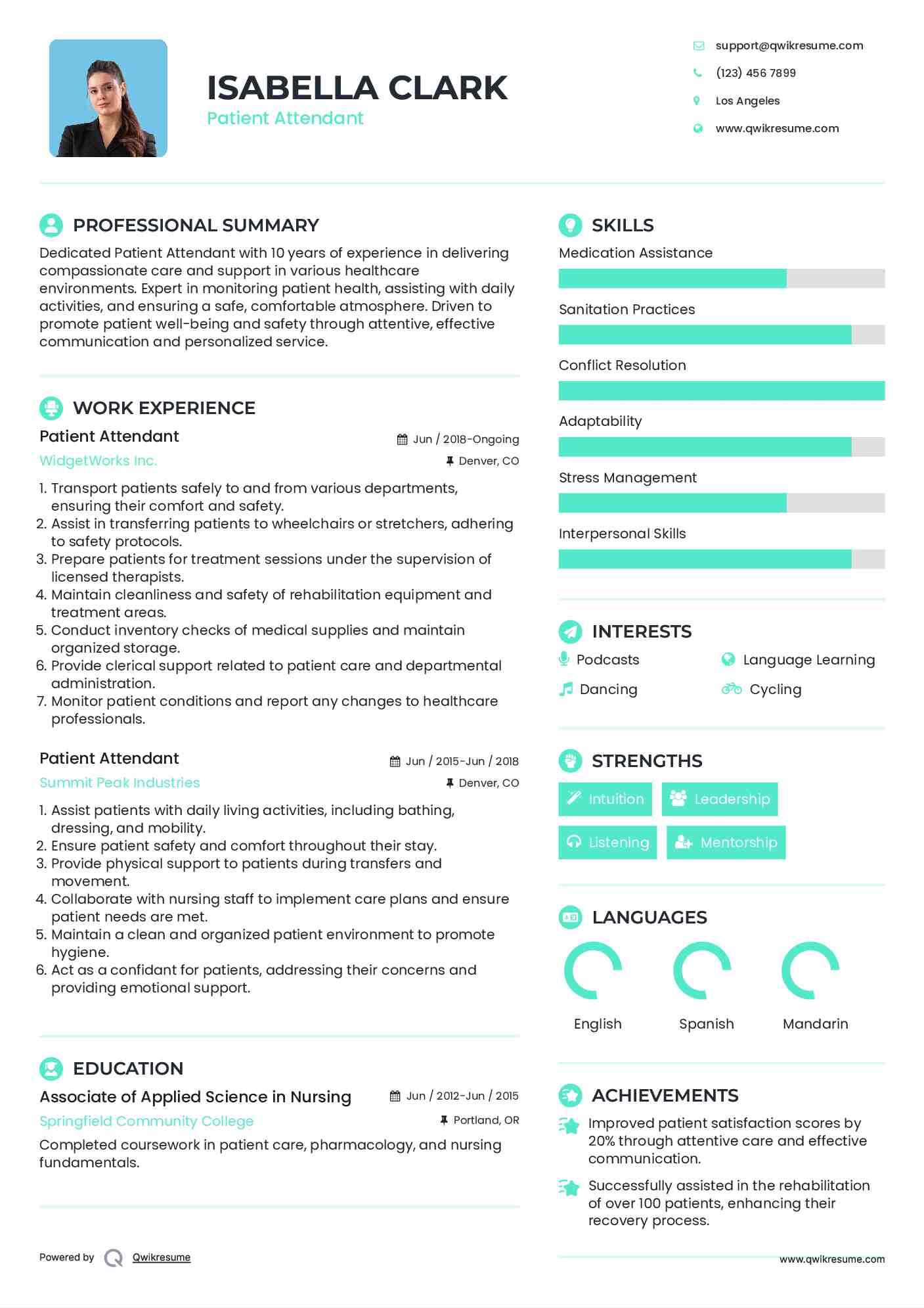Patient Attendant Resume Model