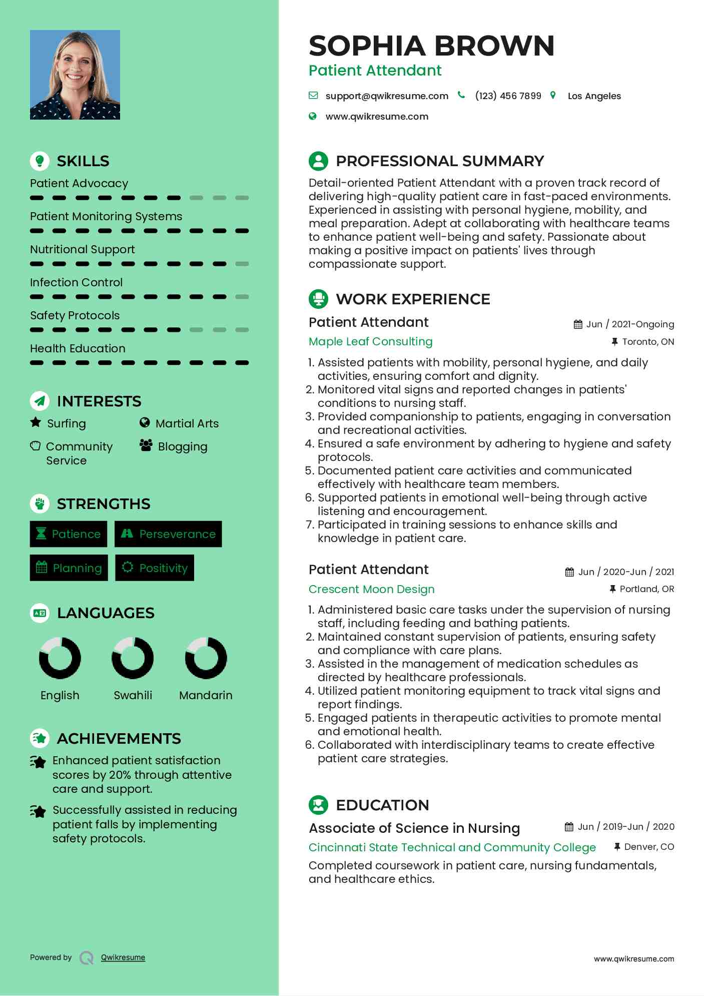 Patient Attendant Resume Format