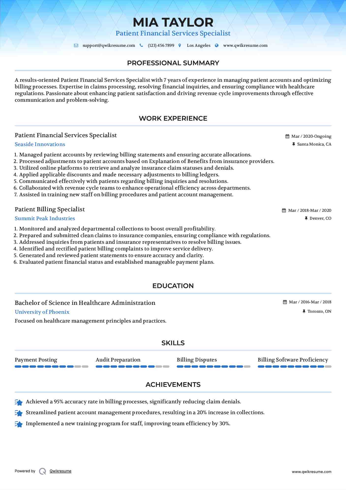 Patient Financial Services Specialist Resume Sample