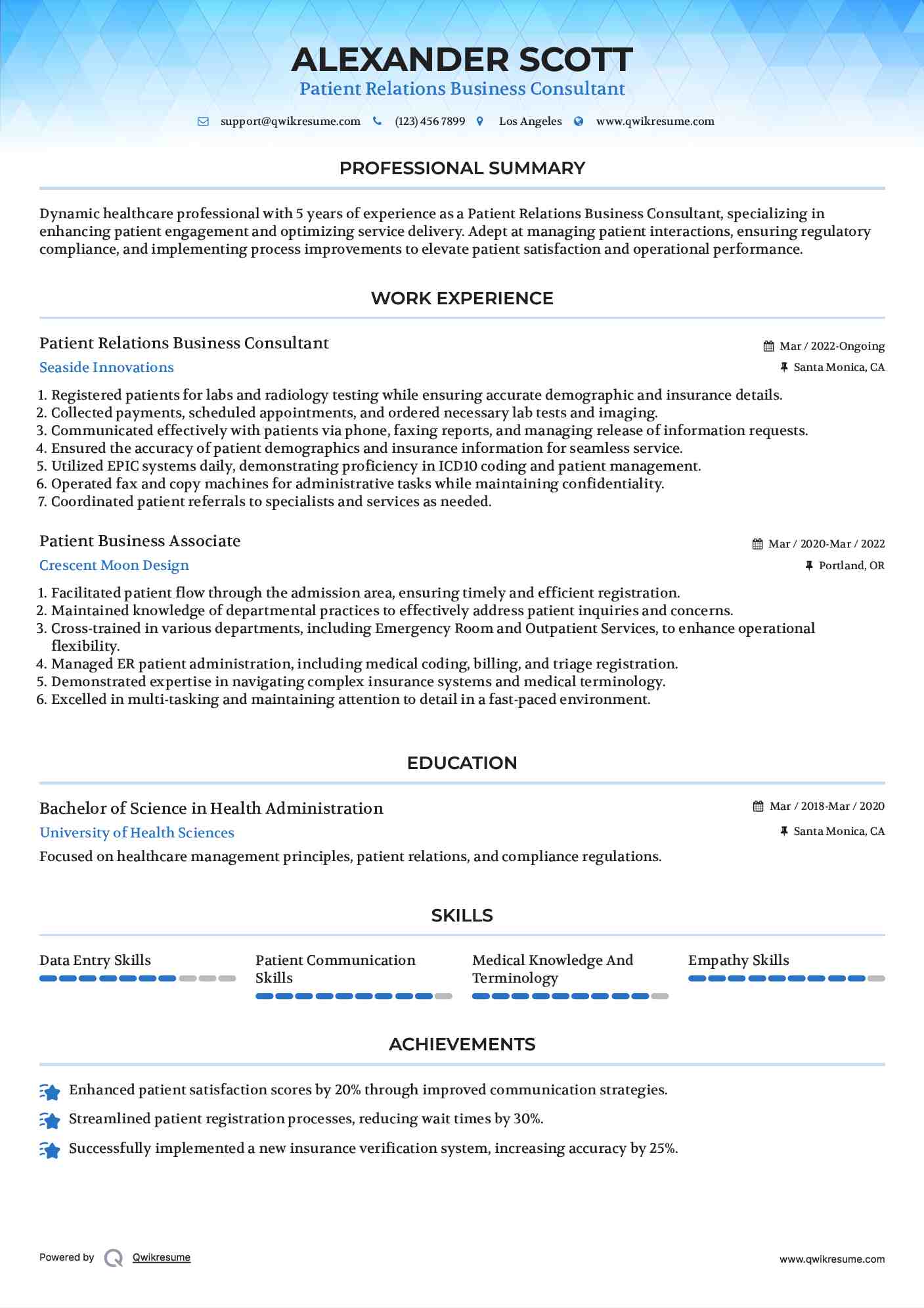 Patient Relations Business Consultant Resume Model