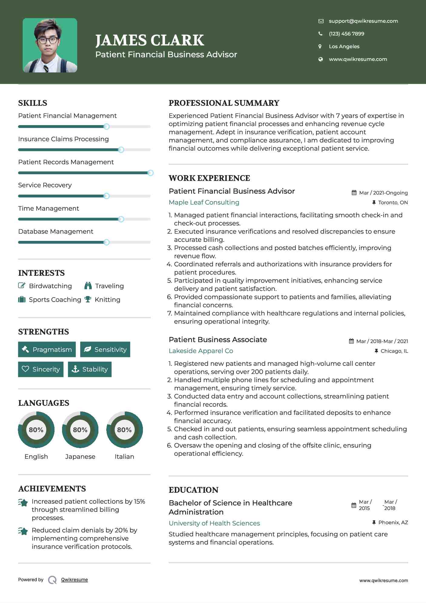Patient Financial Business Advisor Resume Template