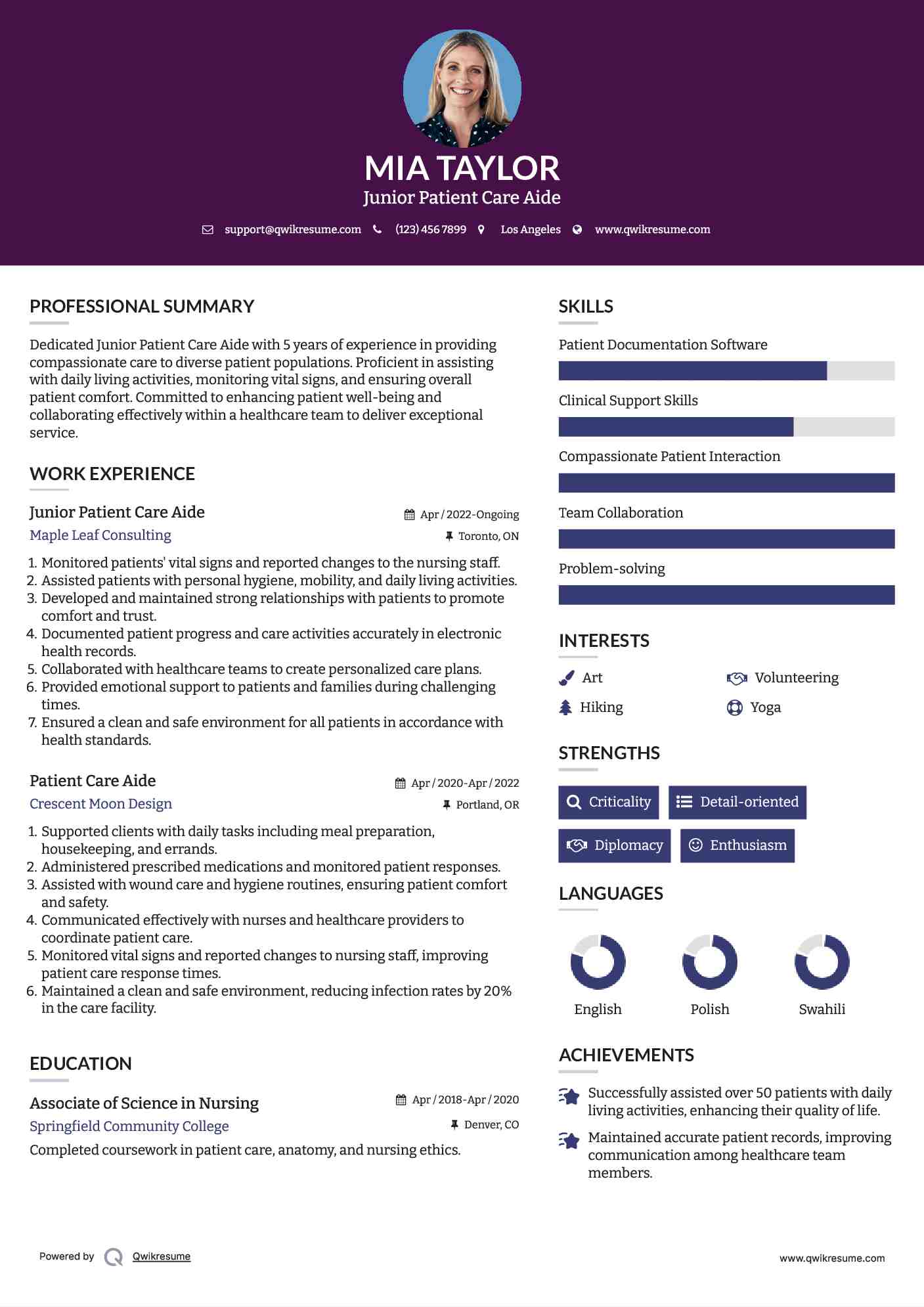 Junior Patient Care Aide Resume Sample