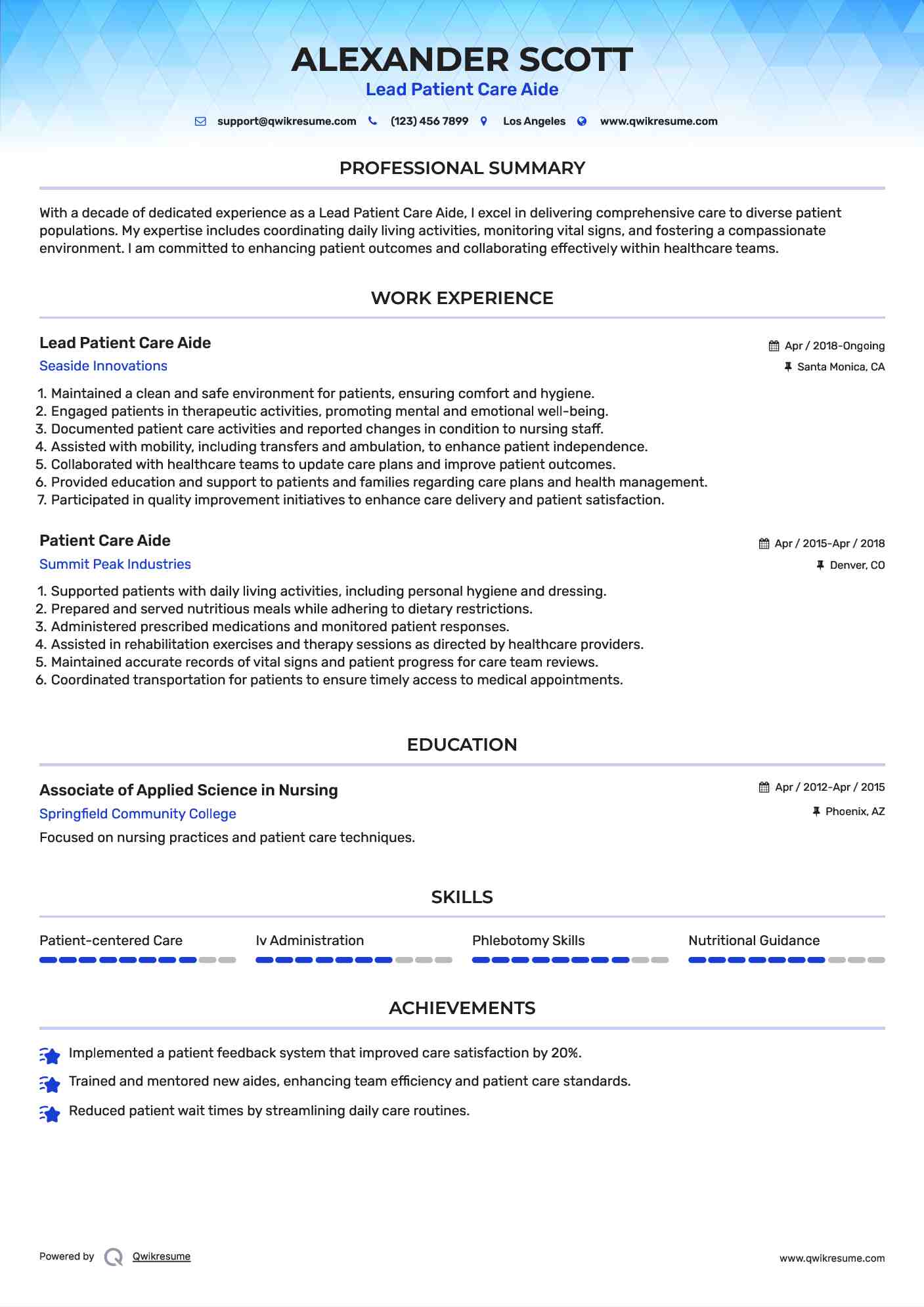 Lead Patient Care Aide Resume Model