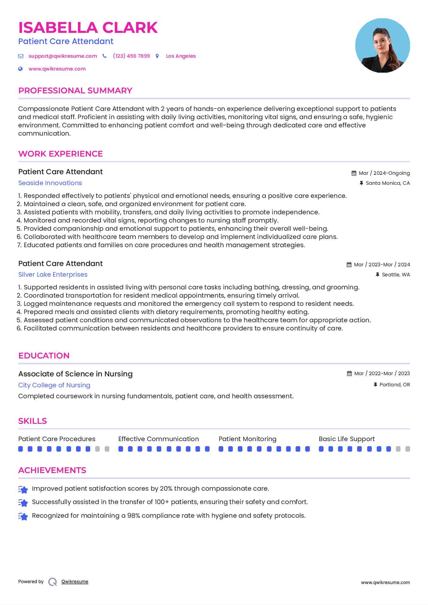 Patient Care Attendant Resume Example