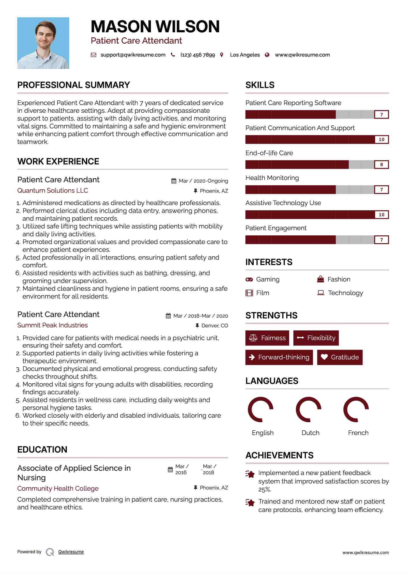 Patient Care Attendant Resume Template