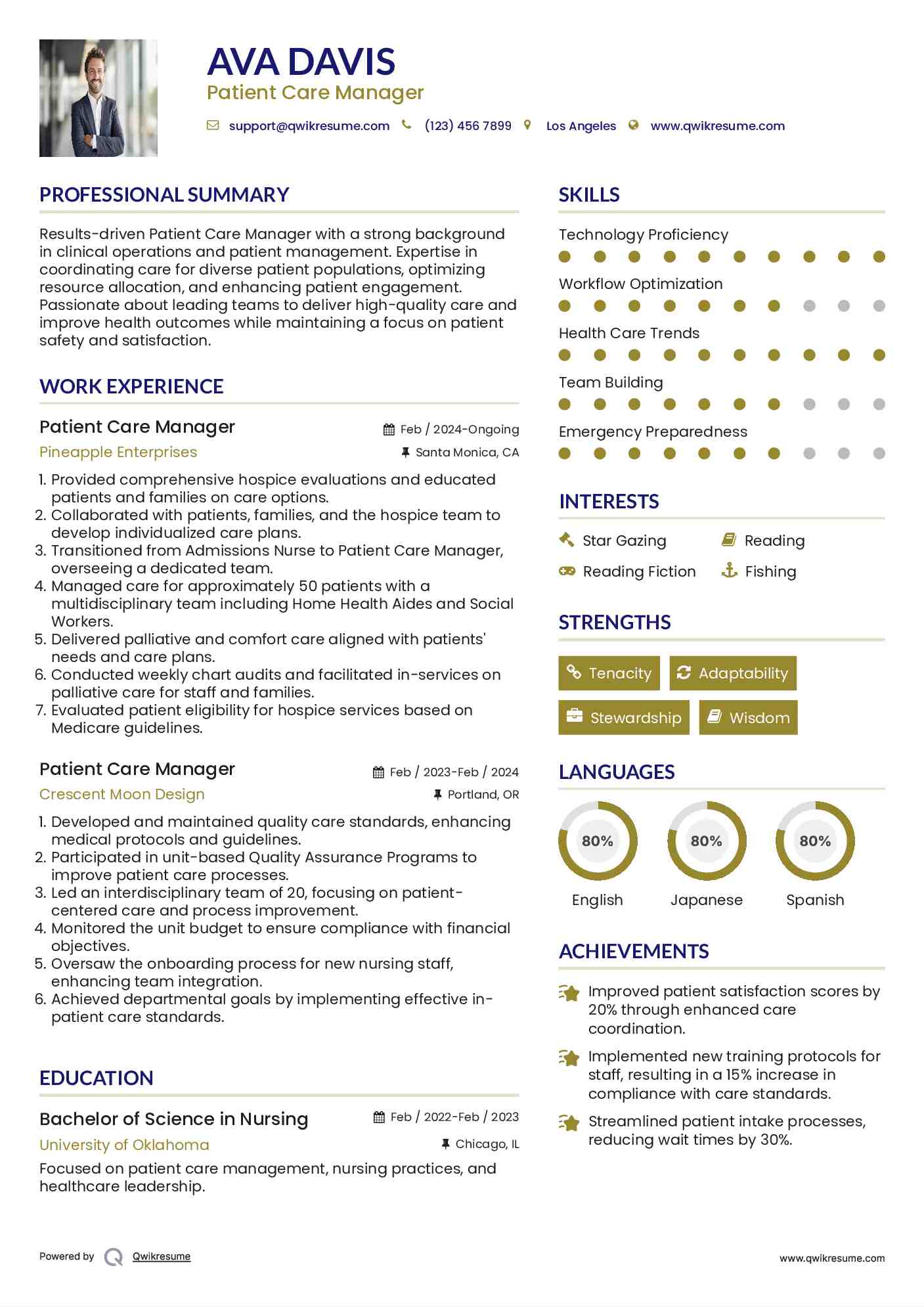 Patient Care Manager Resume Sample