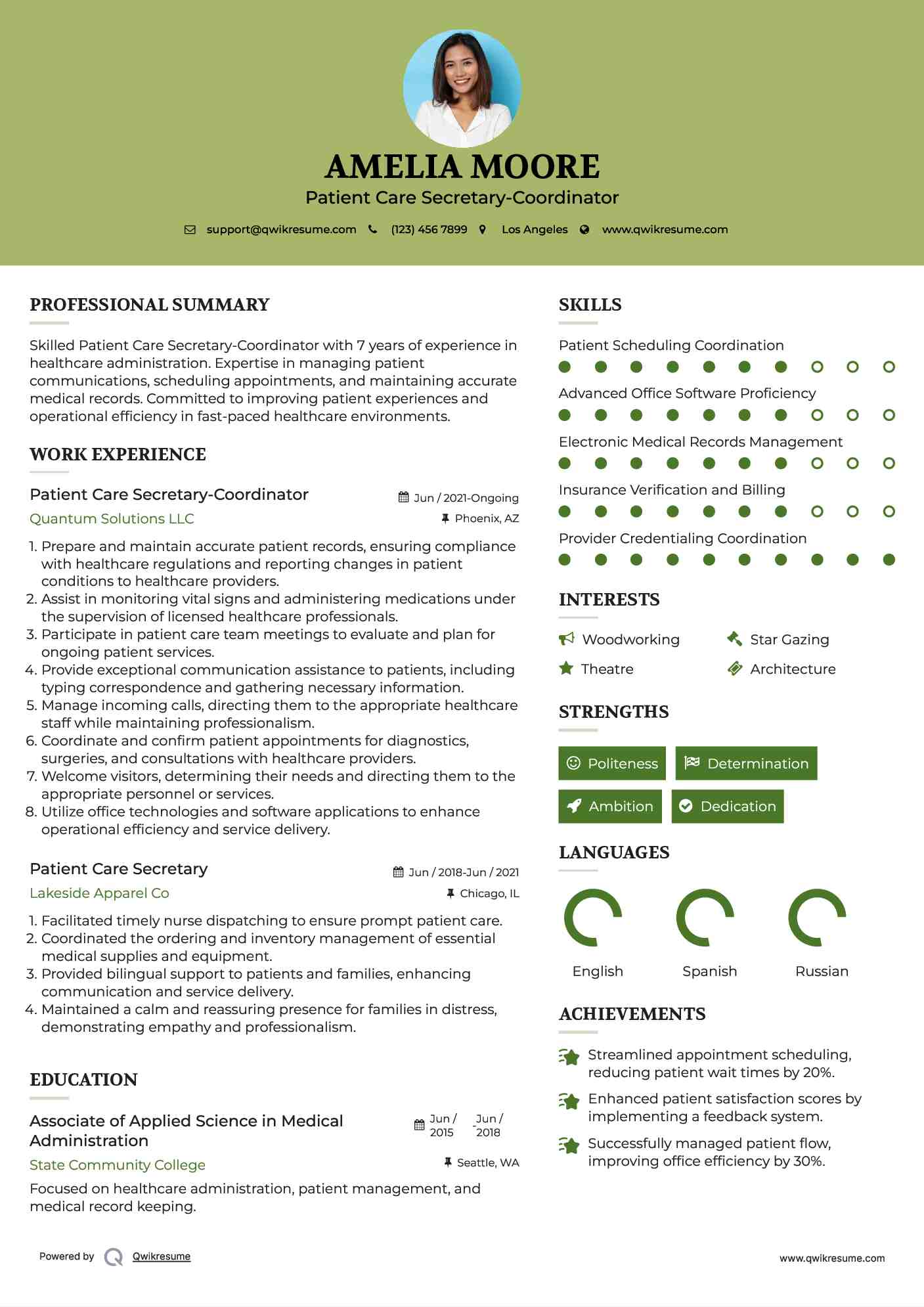 Patient Care Secretary-Coordinator Resume Sample