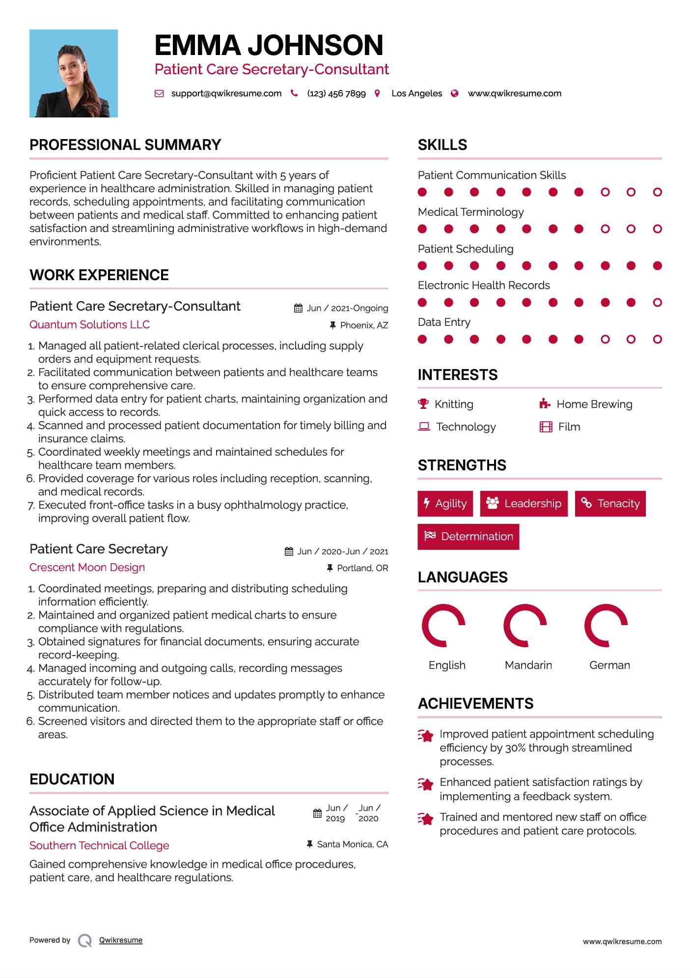 Patient Care Secretary-Consultant Resume Template