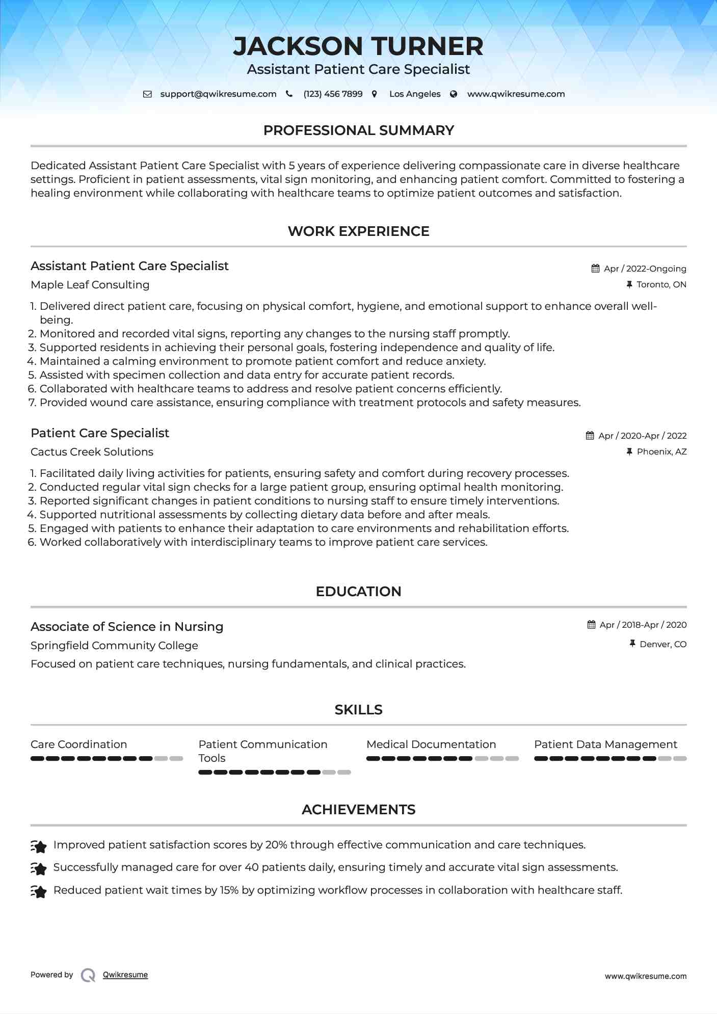 Assistant Patient Care Specialist Resume Model