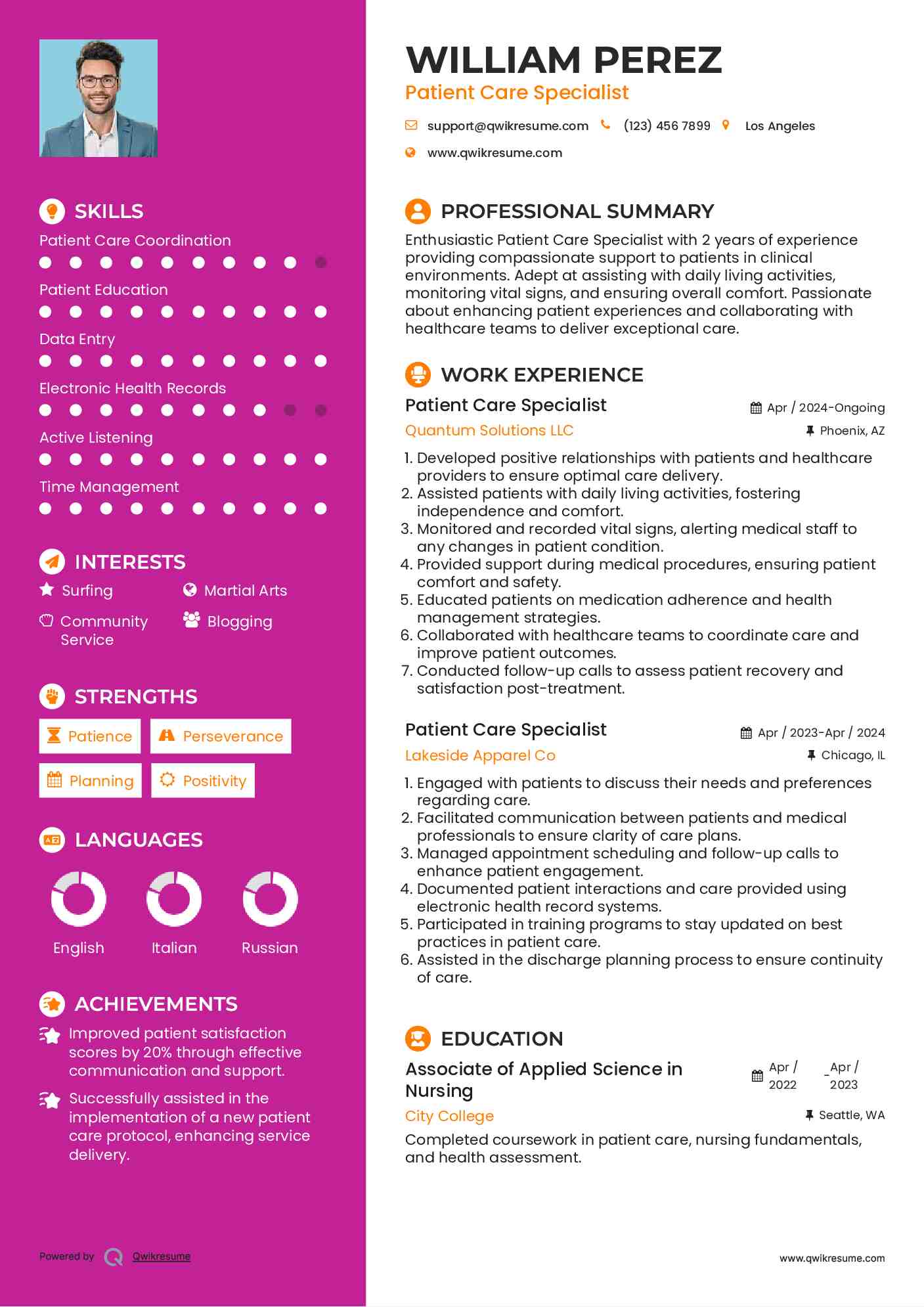 Patient Care Specialist Resume Model