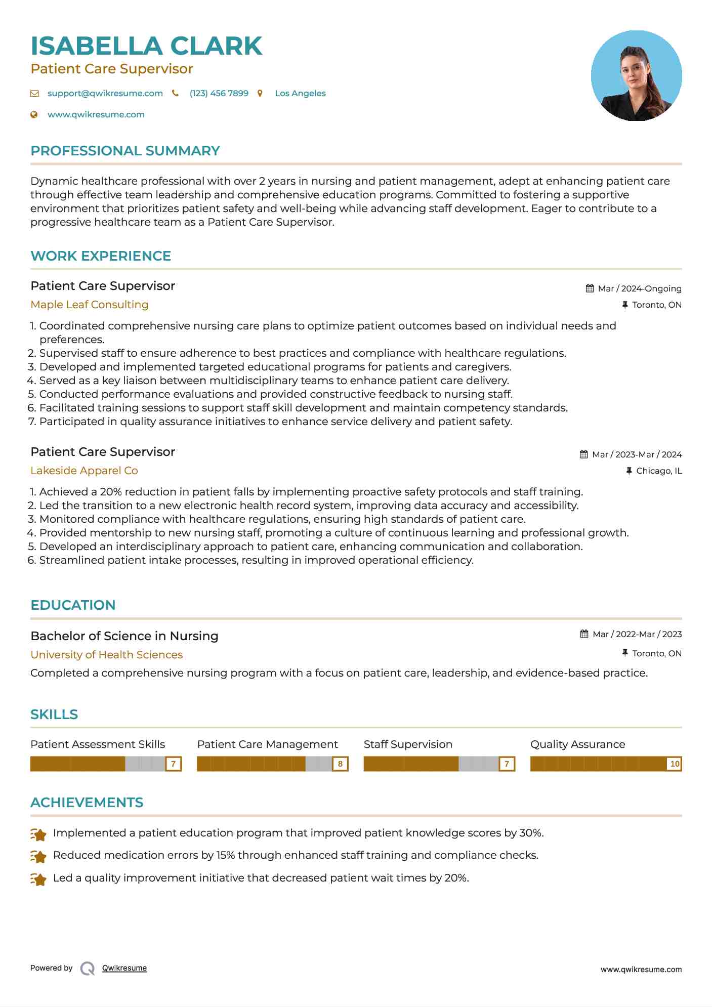 Patient Care Supervisor Resume Model
