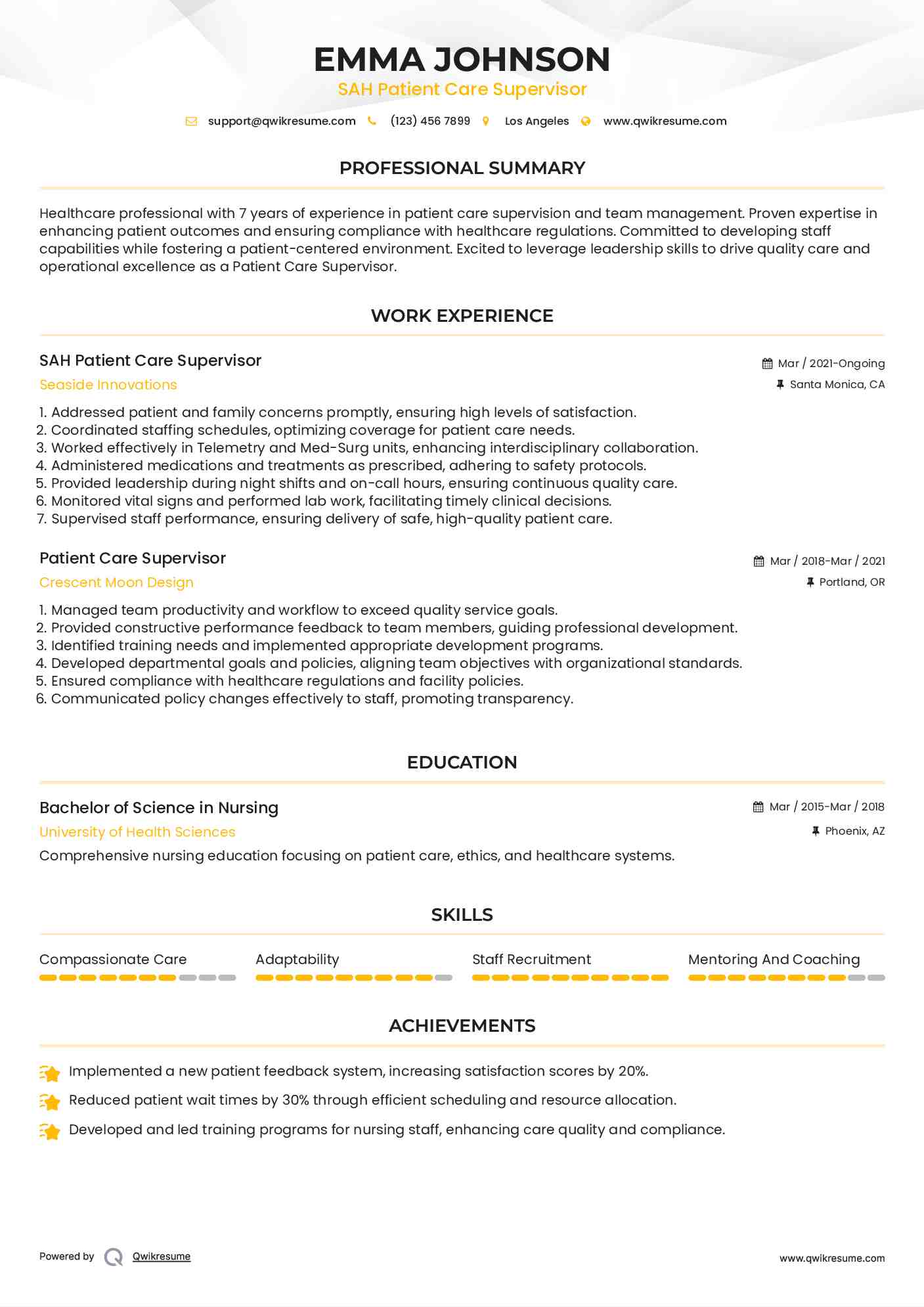 SAH Patient Care Supervisor
 Resume Template