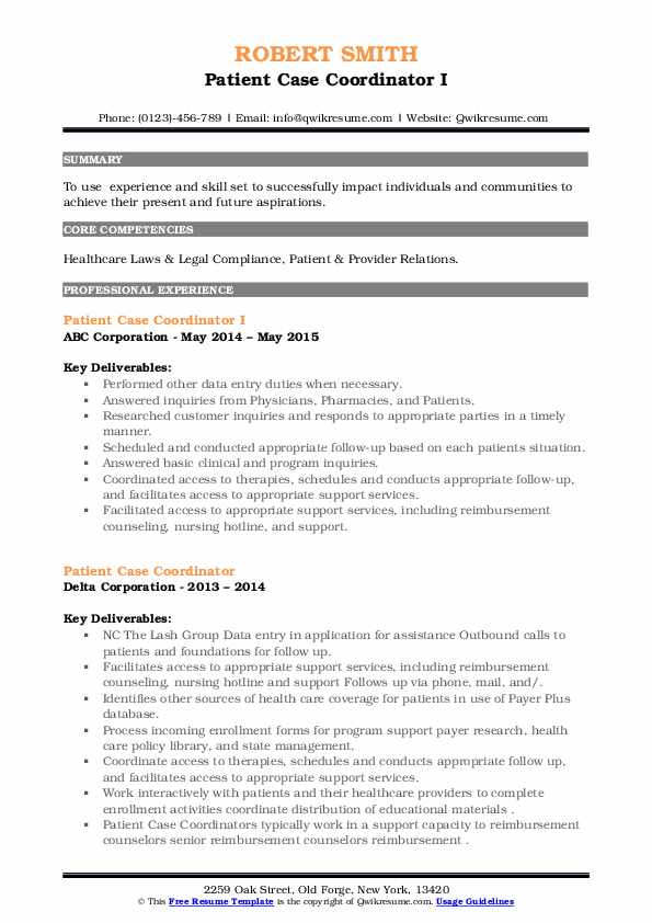 Patient Case Coordinator Resume Samples QwikResume