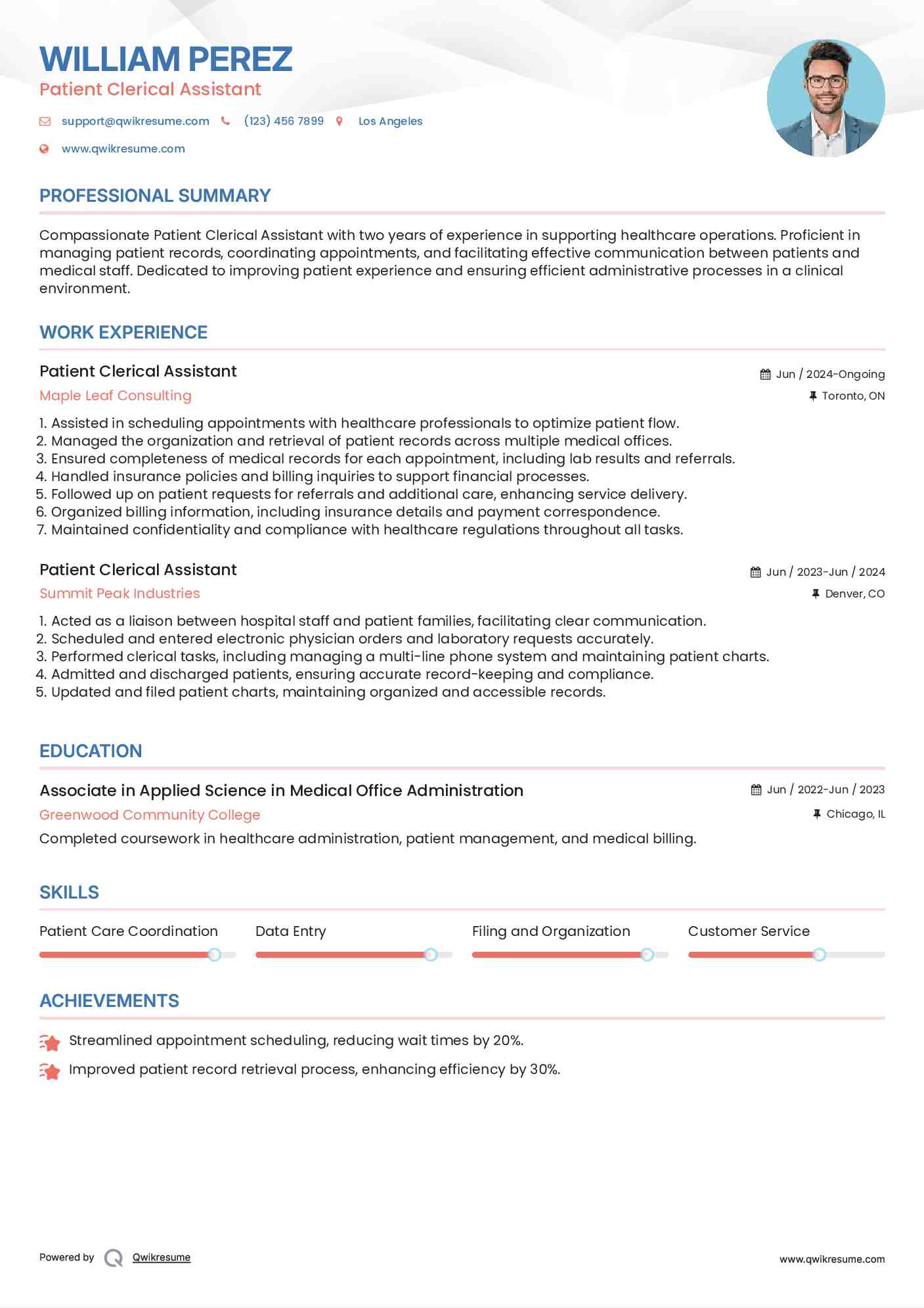 Patient Clerical Assistant Resume Model