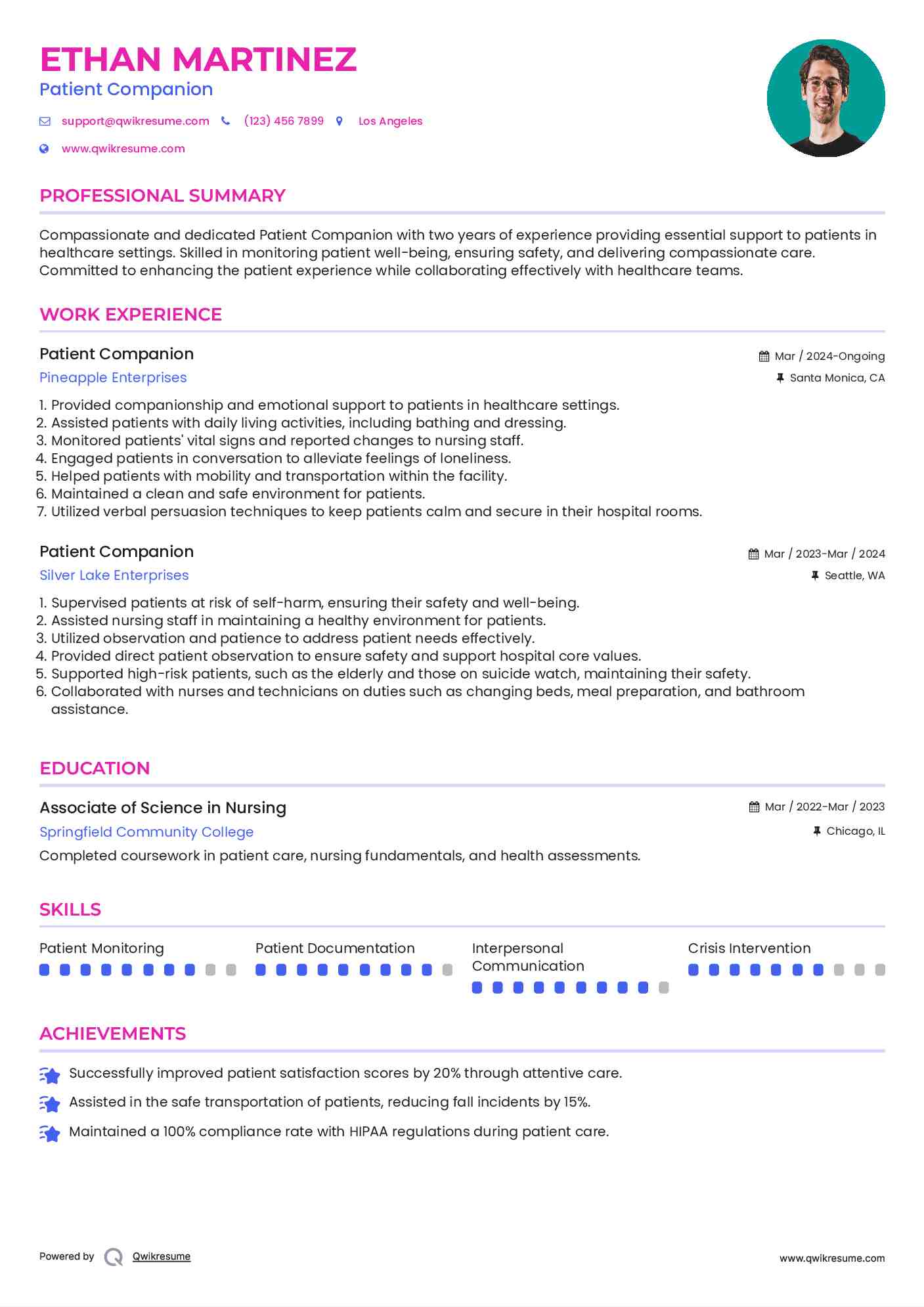 Patient Companion Resume Format