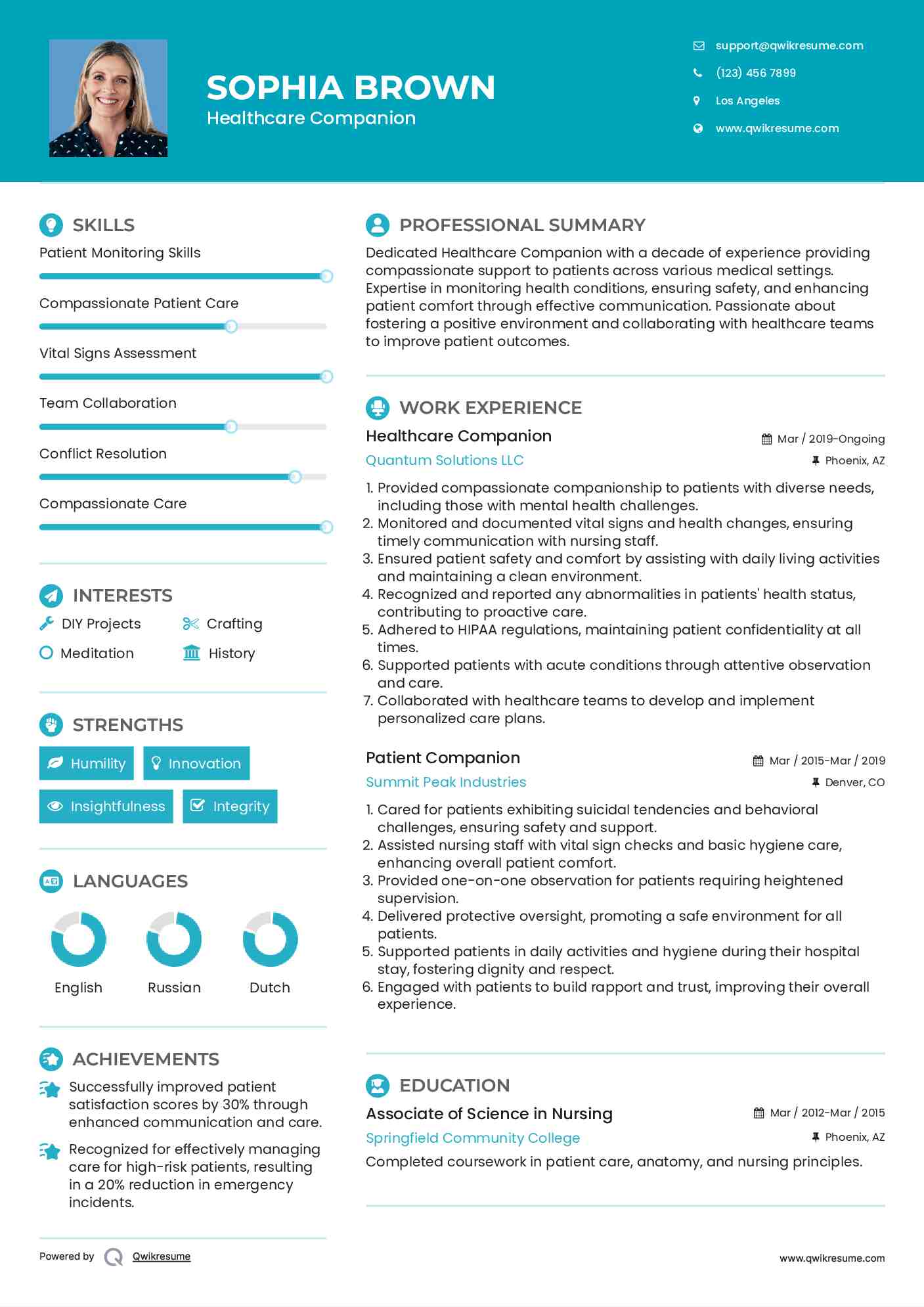 Healthcare Companion Resume Example