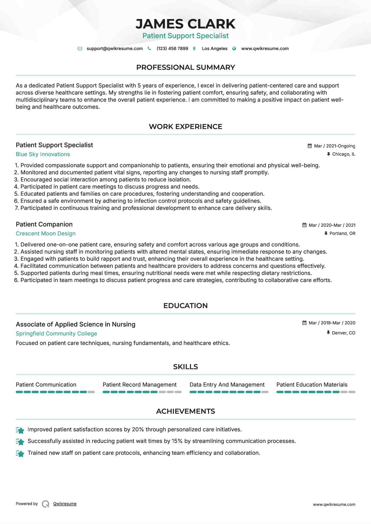 Patient Support Specialist Resume Model