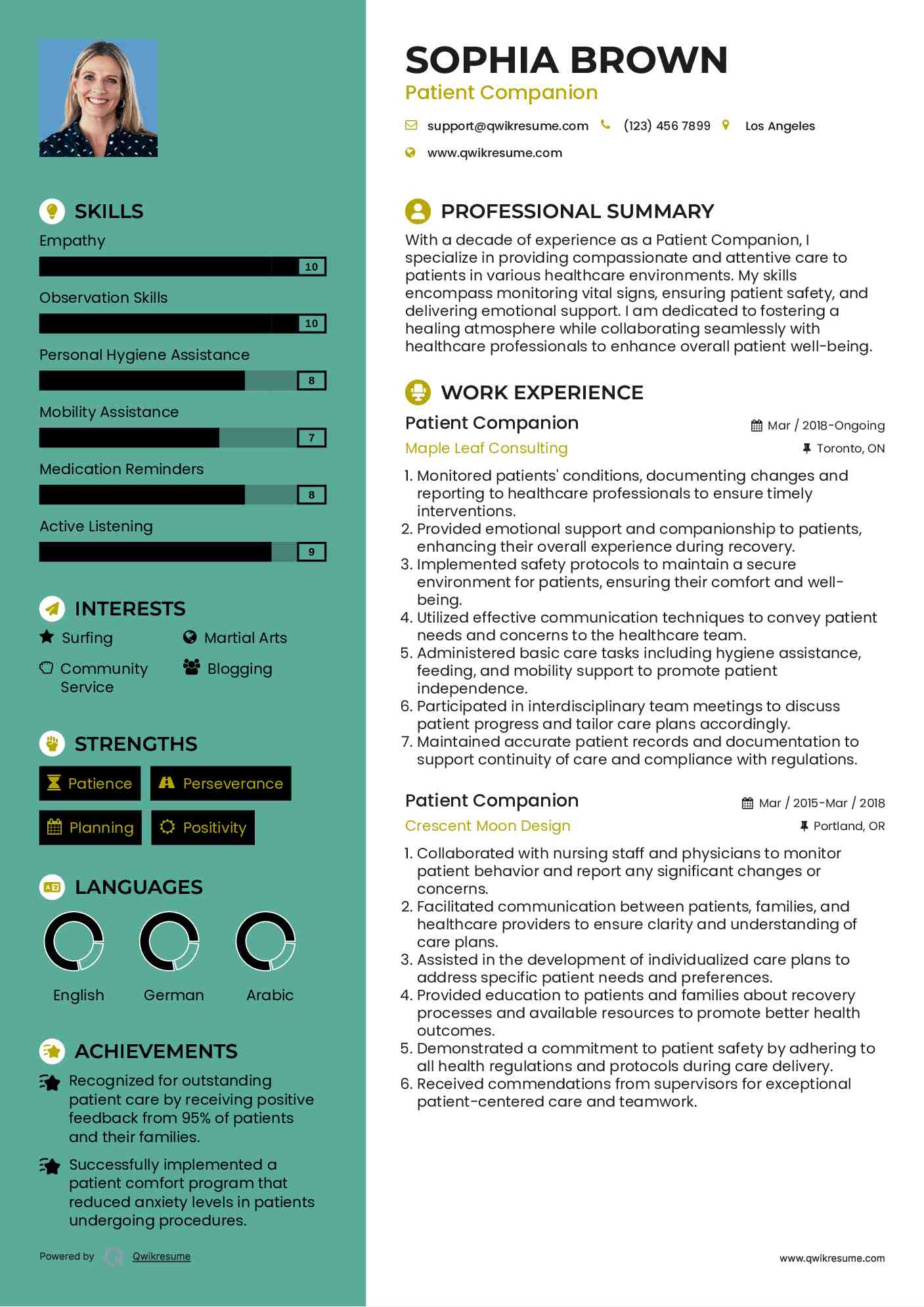 Patient Companion Resume Sample