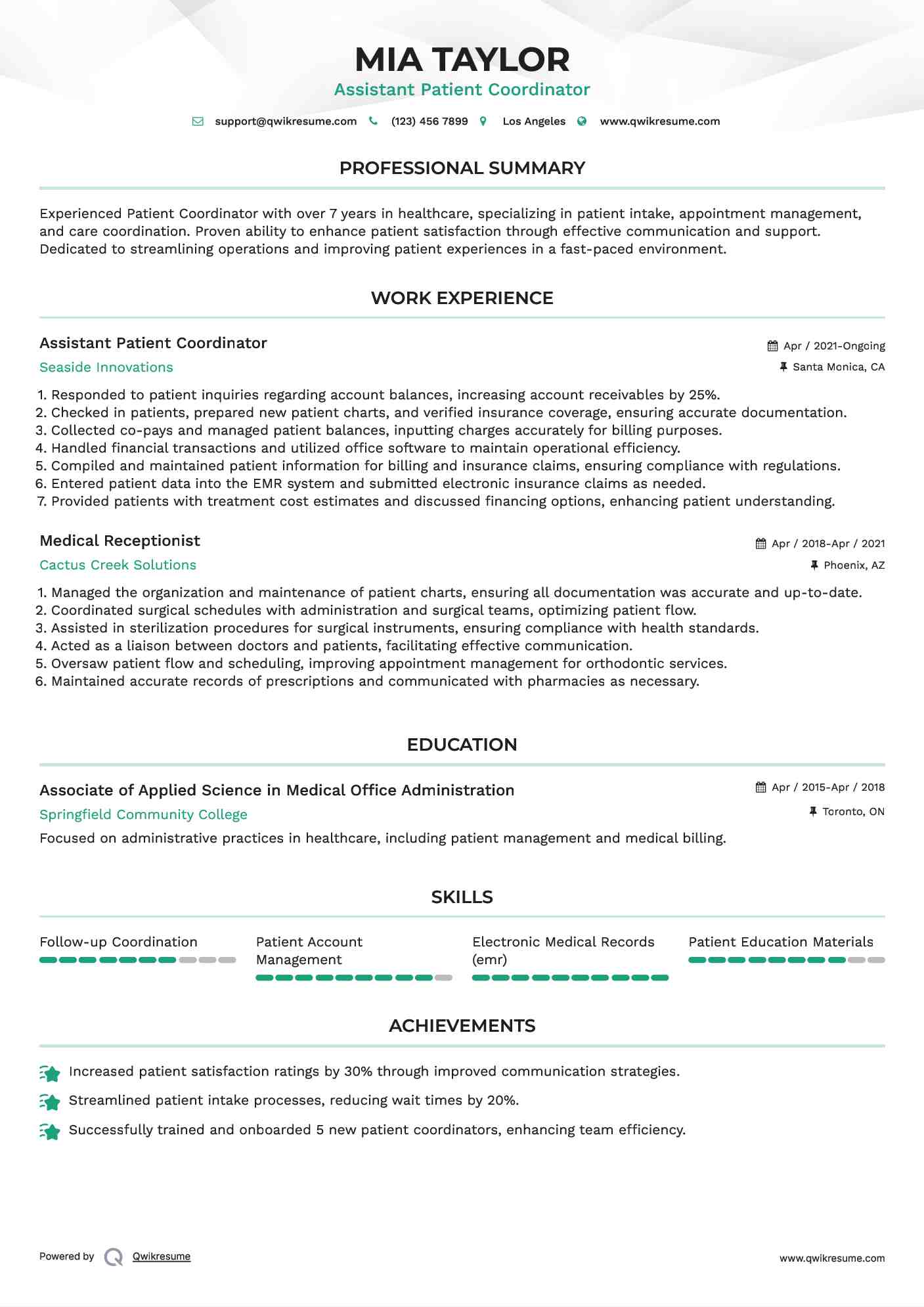 Assistant Patient Coordinator Resume Example