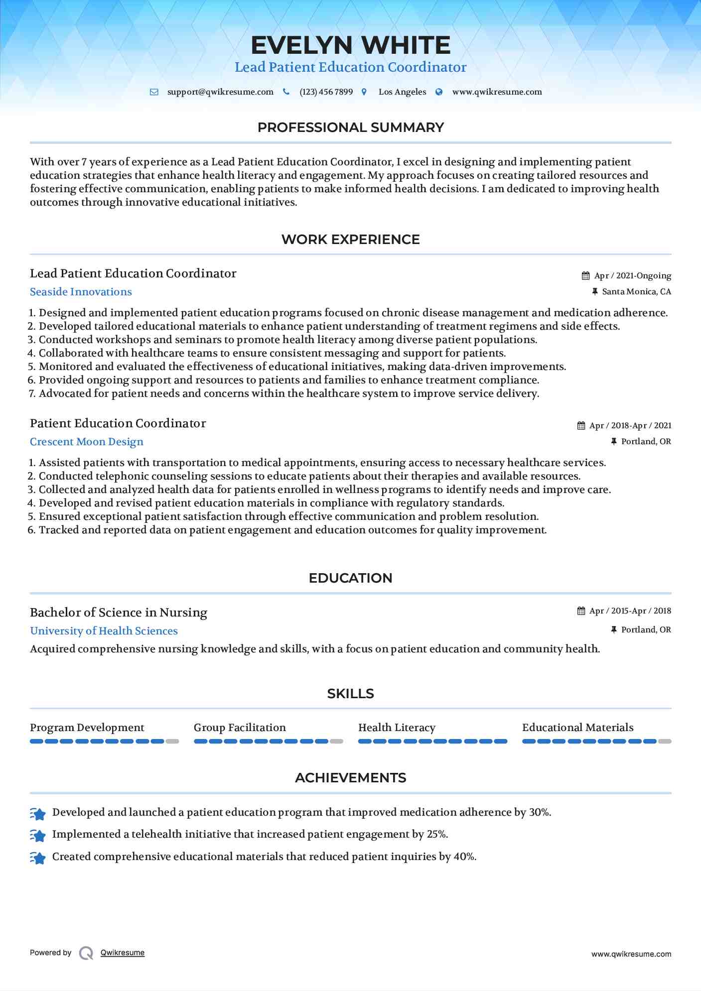 Lead Patient Education Coordinator Resume Sample