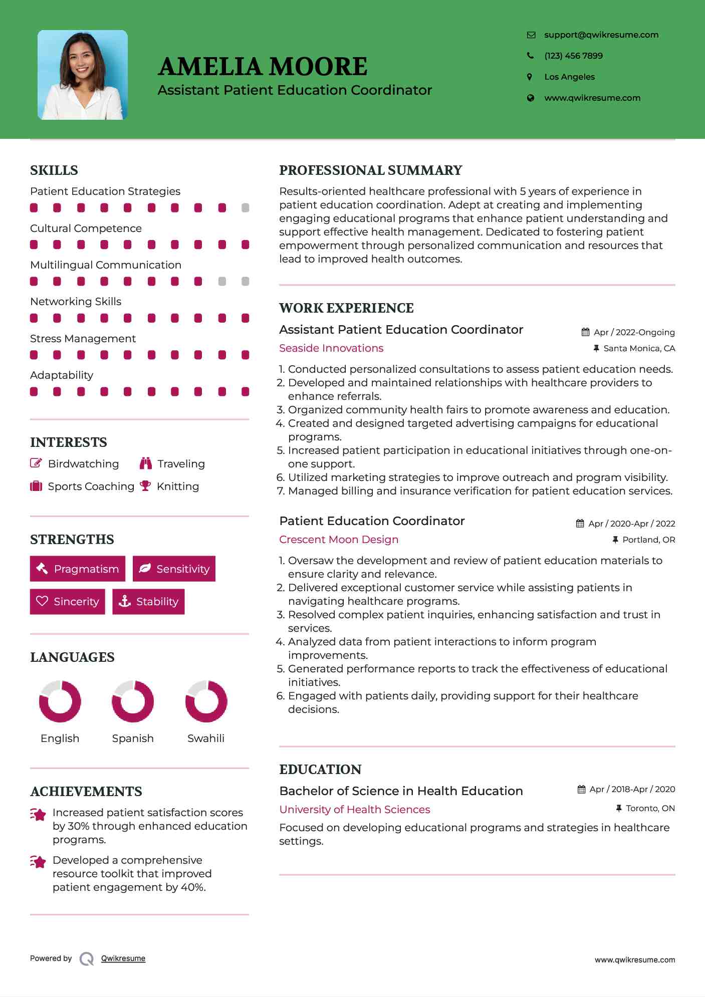 Assistant Patient Education Coordinator Resume Model