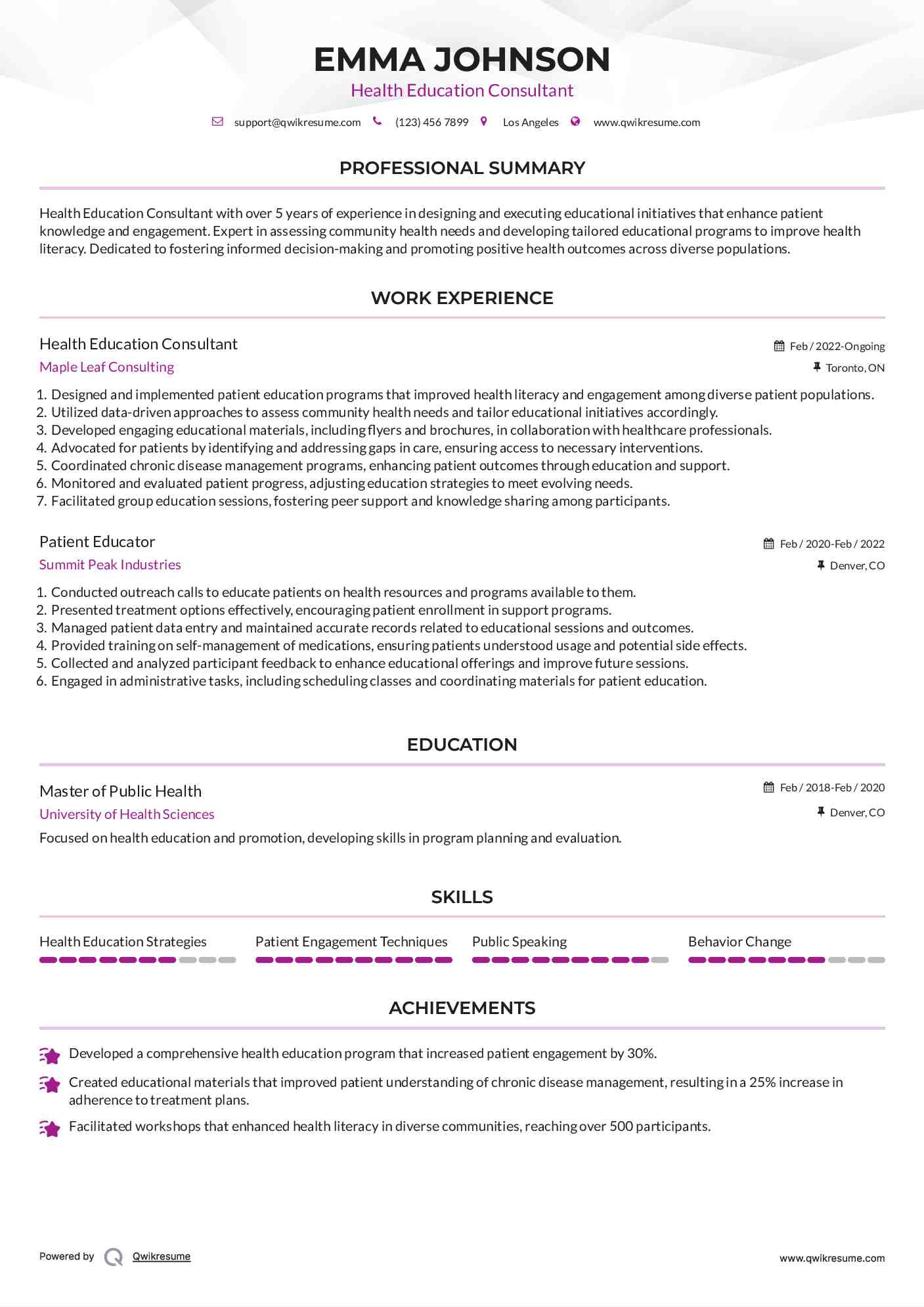 Health Education Consultant Resume Template
