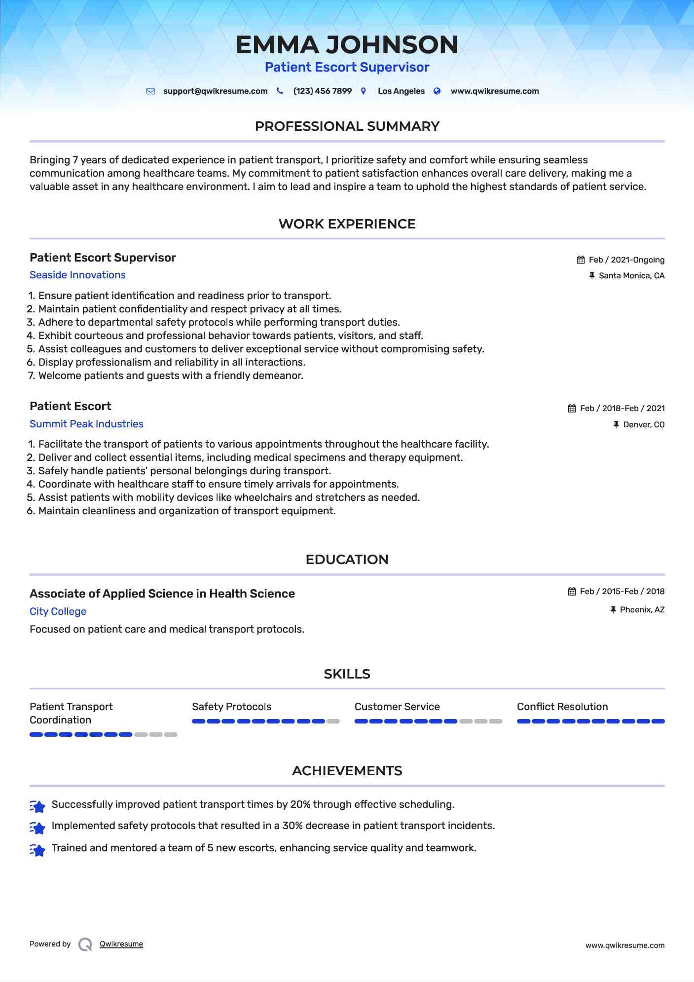 Patient Escort Supervisor Resume Sample