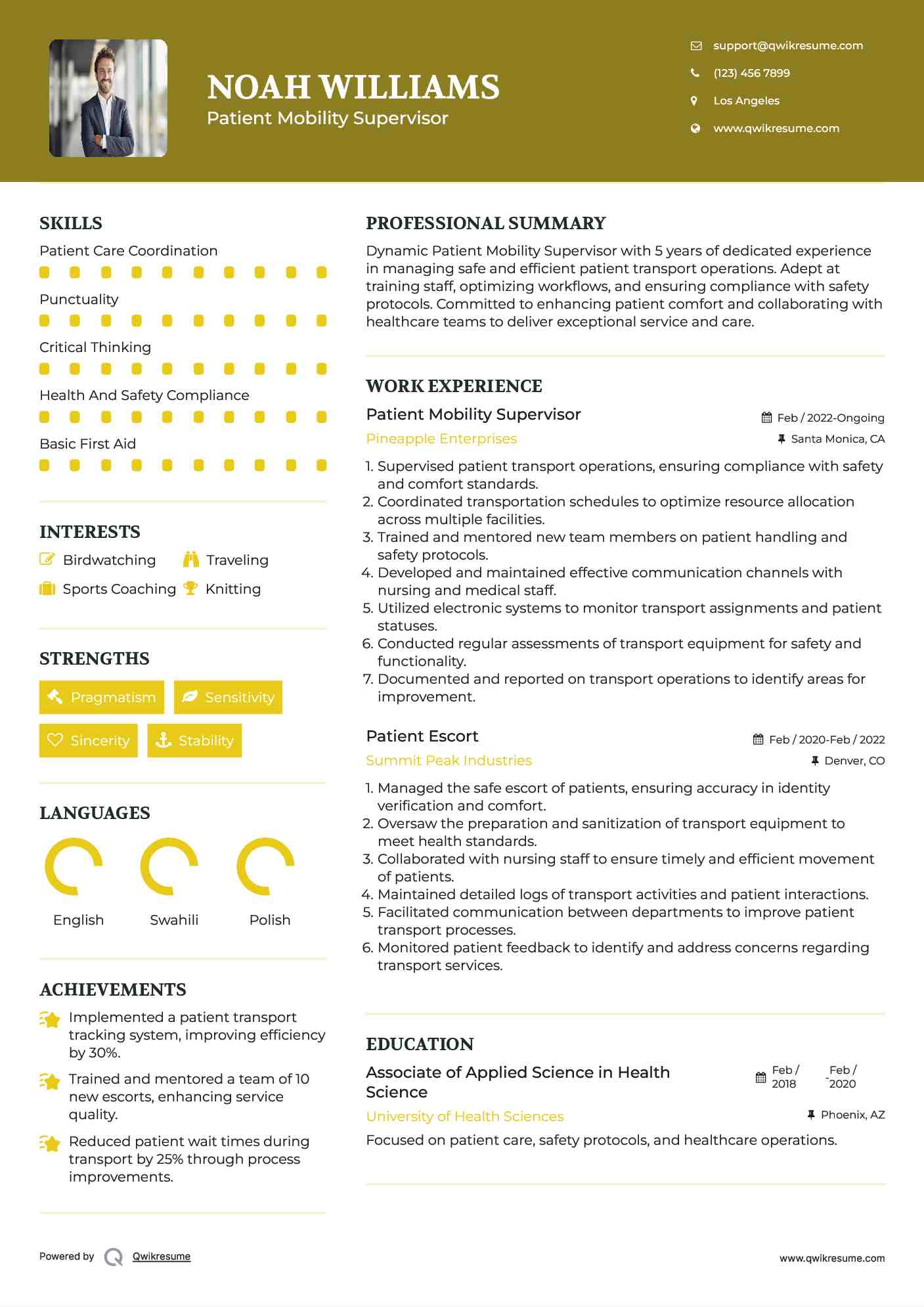 Patient Mobility Supervisor Resume Format