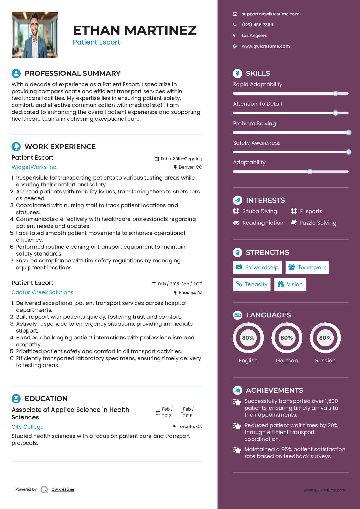 Patient Escort Resume Model