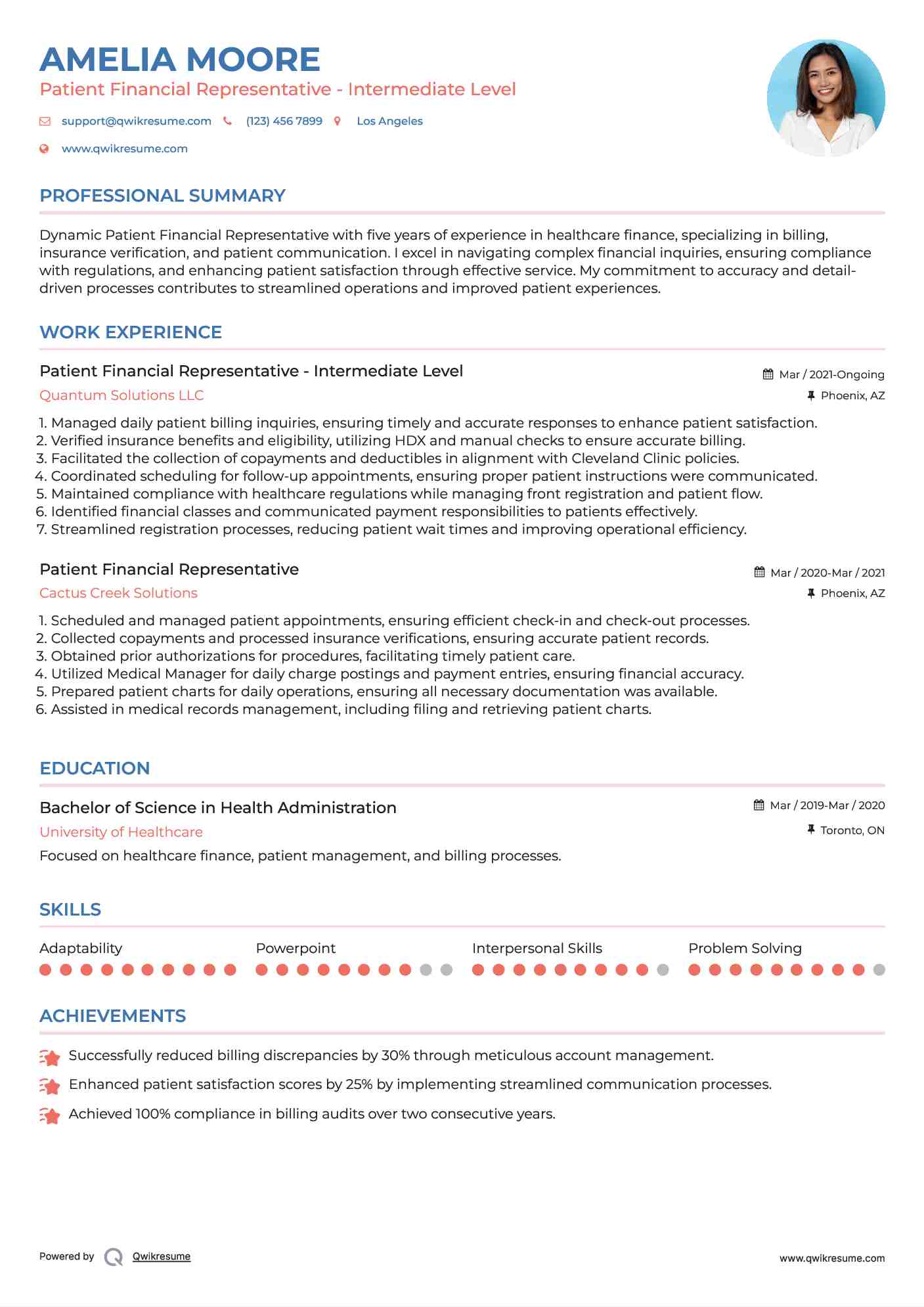Patient Financial Representative - Intermediate Level Resume Template