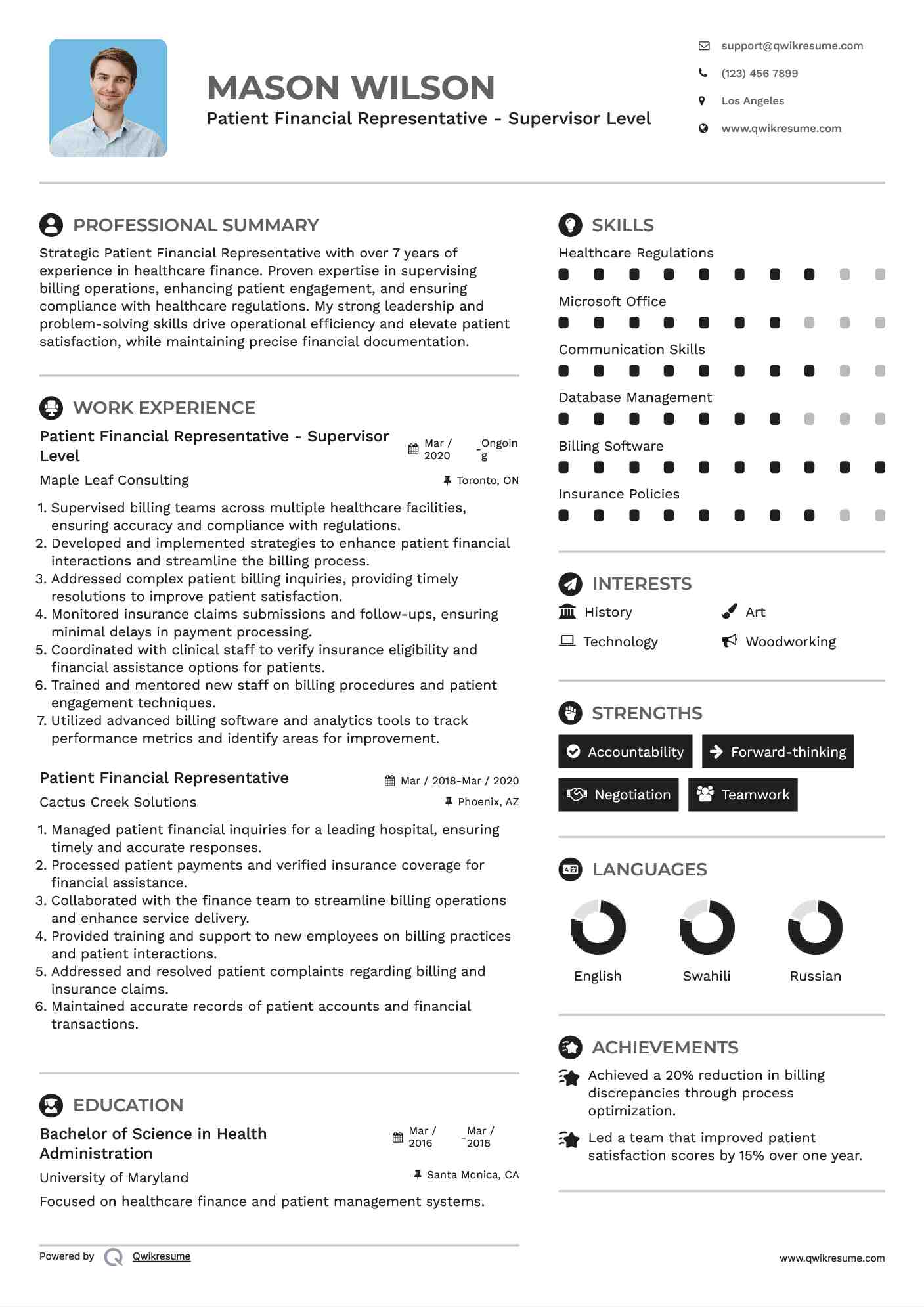 Patient Financial Representative - Supervisor Level Resume Model